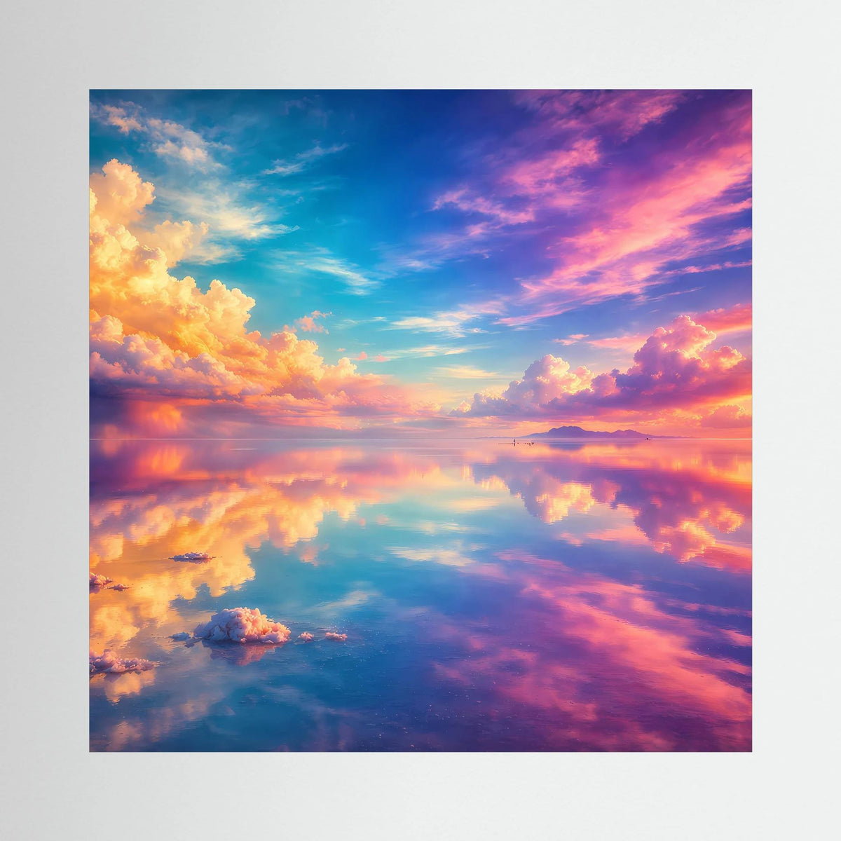 Leinwandbild auf Holzkeilrahmen mit farbenfroher Himmel-Reflexion und Wolken bei Sonnenuntergang