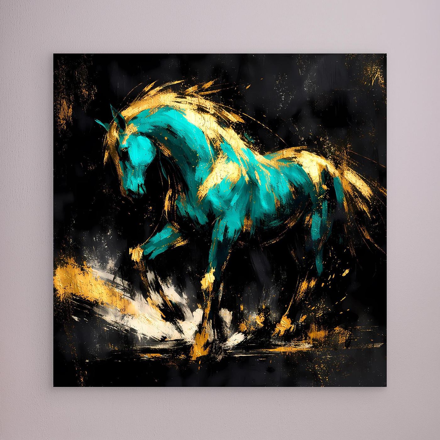 Leinwand Kraftvolles Pferd in Türkis und Gold | Modernes Abstraktes Wildtier Wandbild