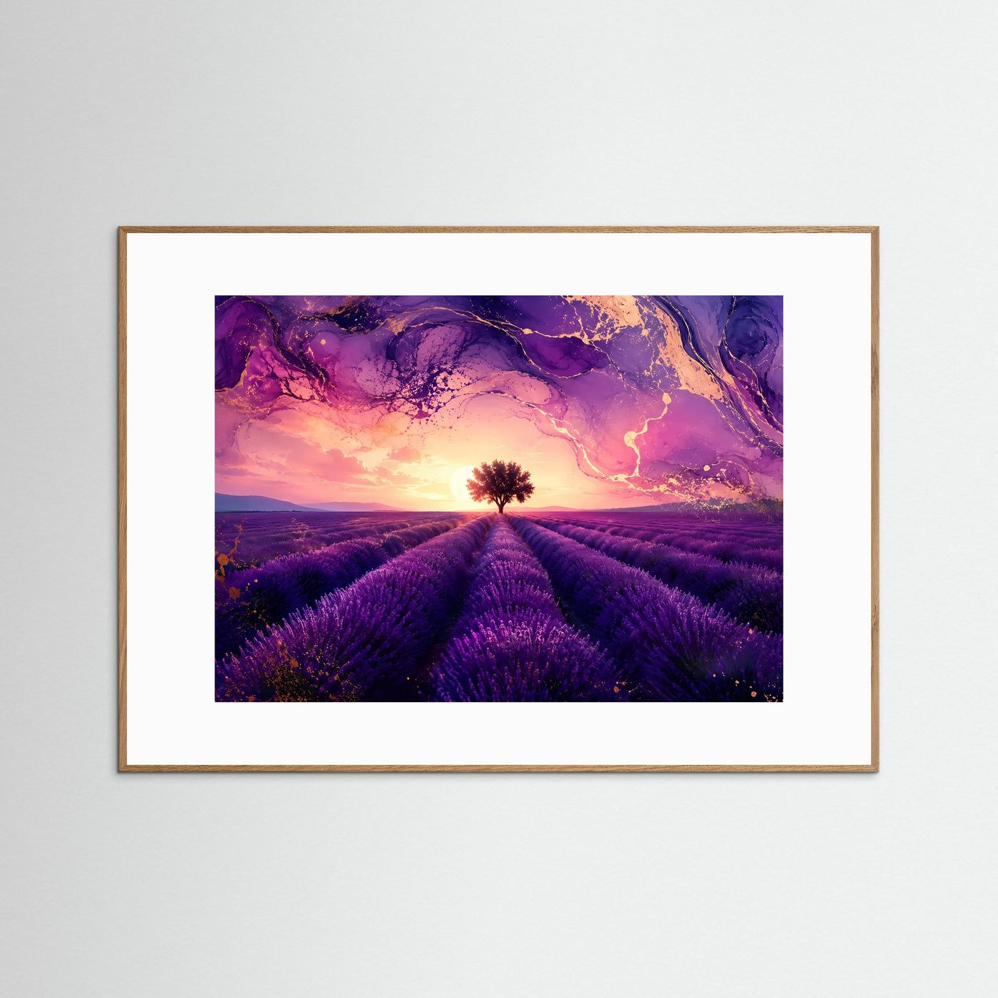 Lavendelfeld Poster | Provence Sonnenuntergang Wandbild | Lavendel Landschaft Kunst | Baum Silhouette | Moderne Fine Art