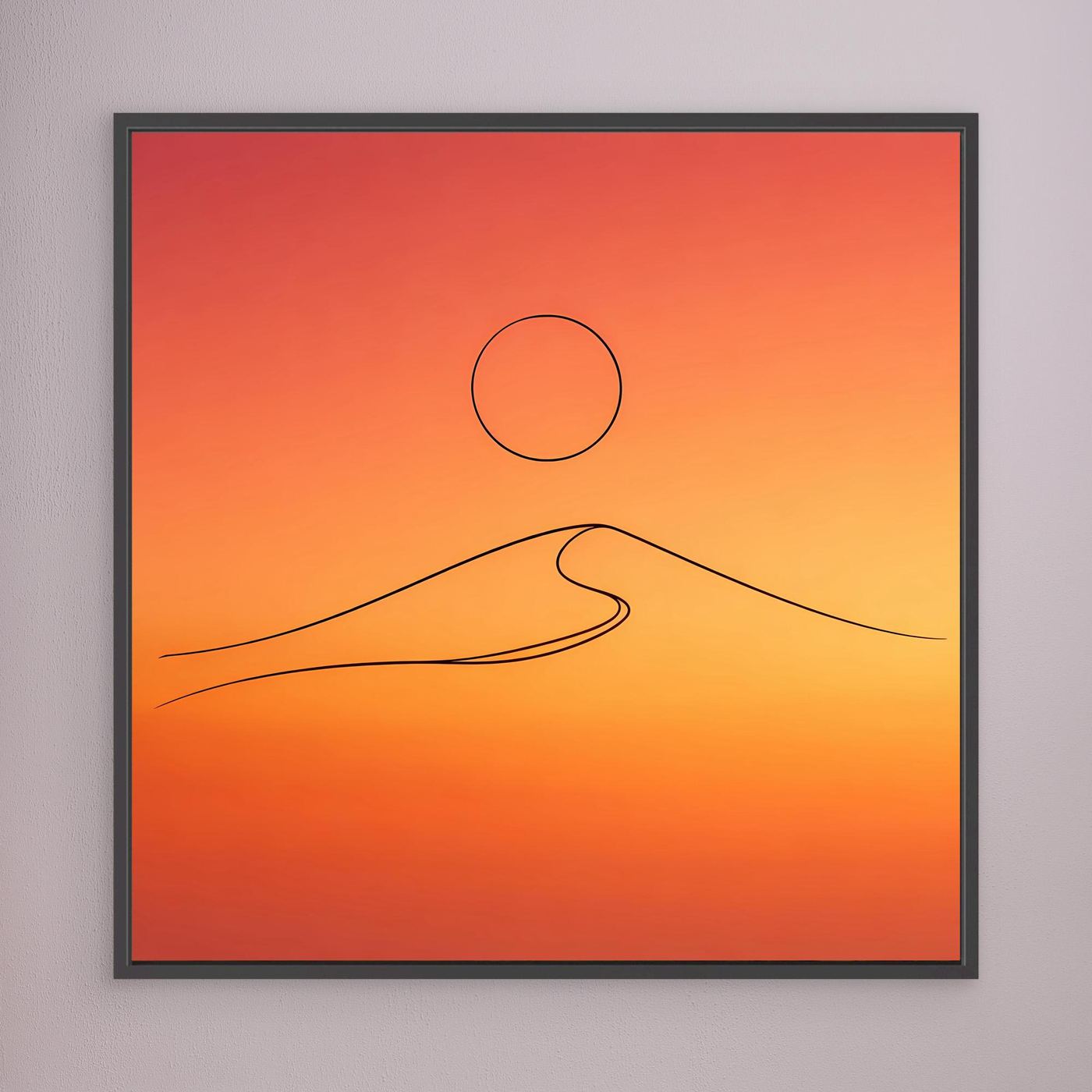 Leinwandbild mit orangefarbenem Sonnenuntergang, Kreis und Düne in Line-Art, schwarzer Rahmen