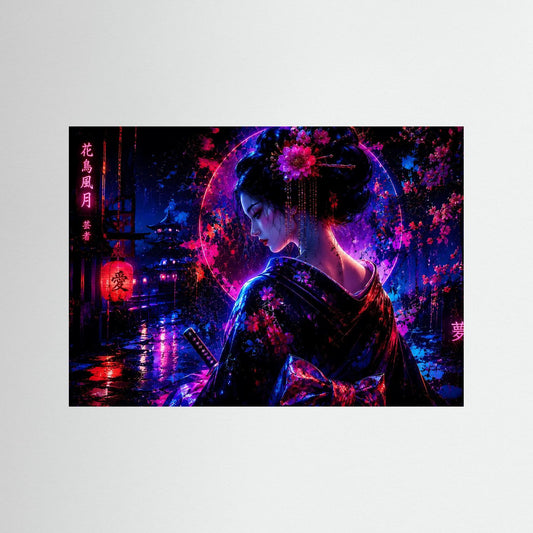 Neon-Leinwandbild mit Porträt einer Frau im Kimono, Kirschblüten und Cyberpunk-Lichtspuren