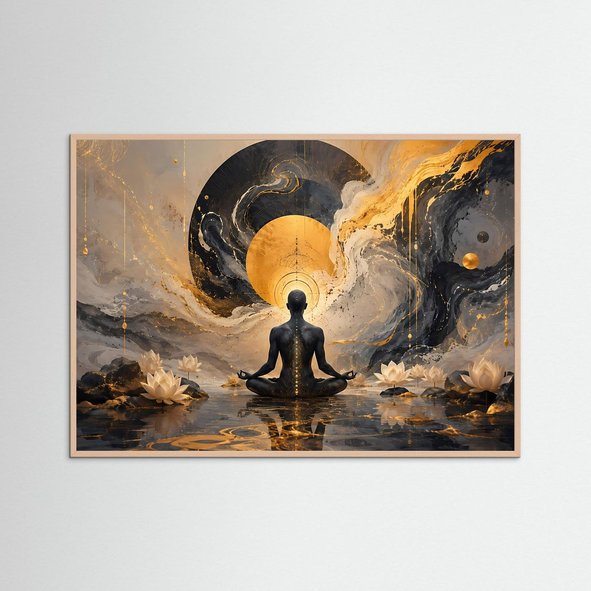 Gerahmtes Meditationsposter mit gold-schwarzem Motiv und sitzender Figur vor Blumen am Wasser