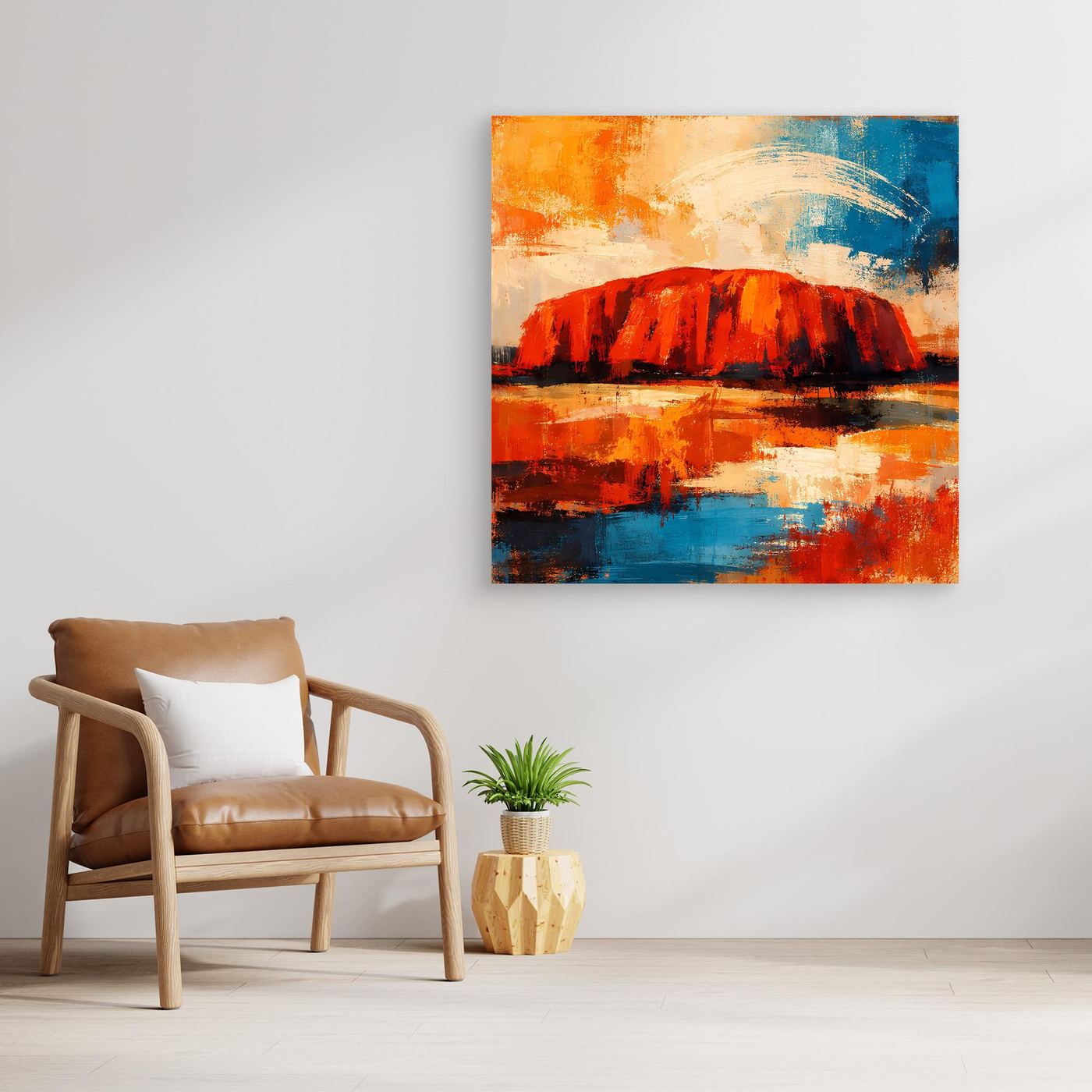 Abstraktes Leinwand-Wandbild mit rotem Felsen, blau- orange Pinselstrichen, hell gerahmt