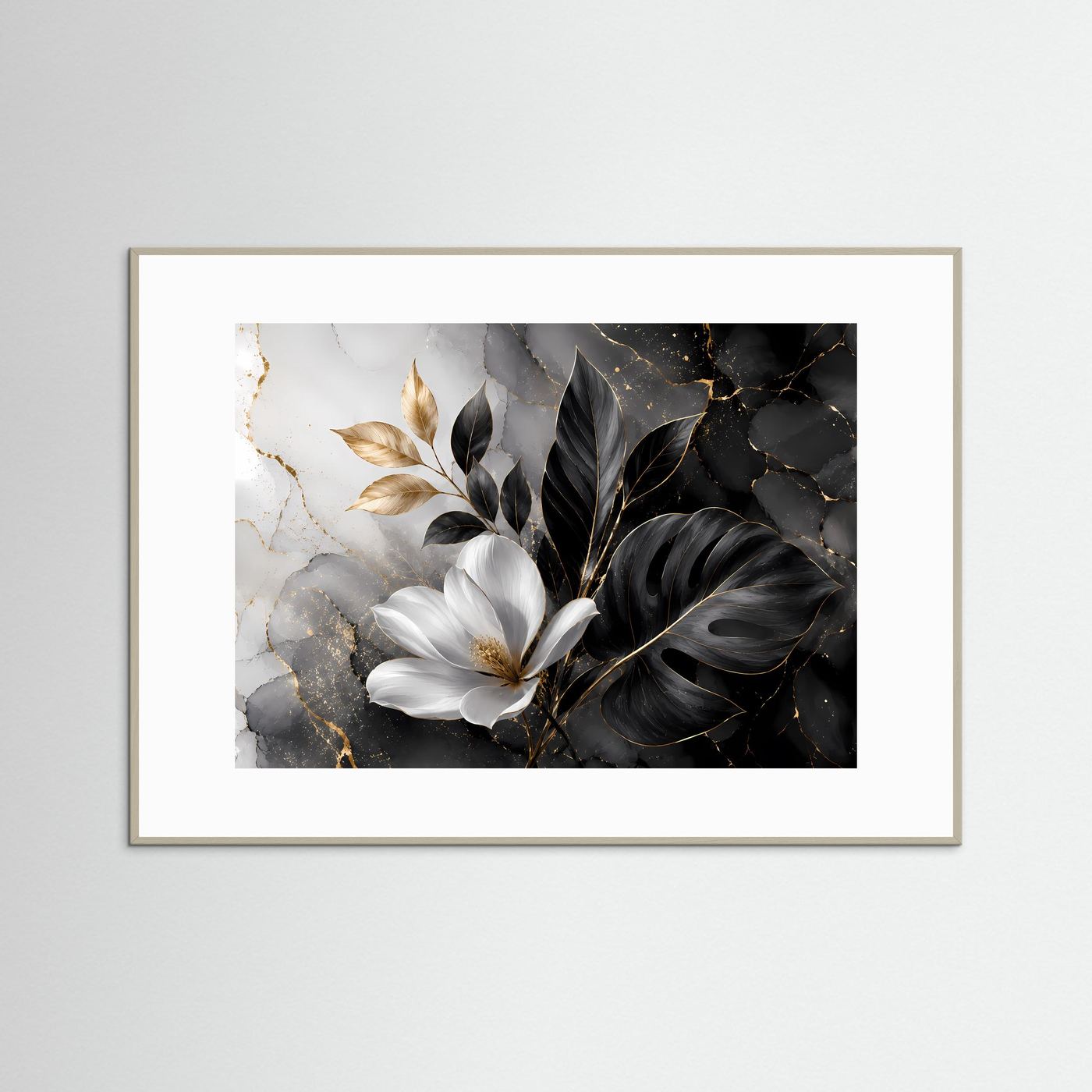 Magnolie Schwarz Gold Wandbild | Botanische Luxus Kunst | Monstera Blätter Poster | Elegante Leinwand | Modern Floral Wall Art | Marmor Dekoration