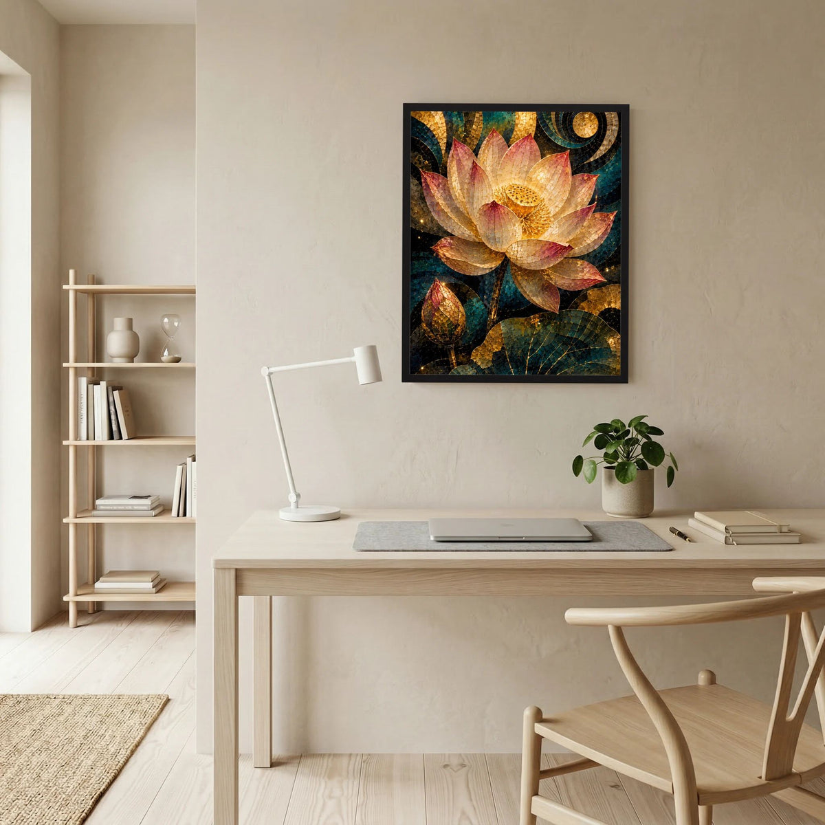 Gerahmtes Hochformat-Poster mit goldener Lotusblüte im Mosaik, Schwarzrahmen