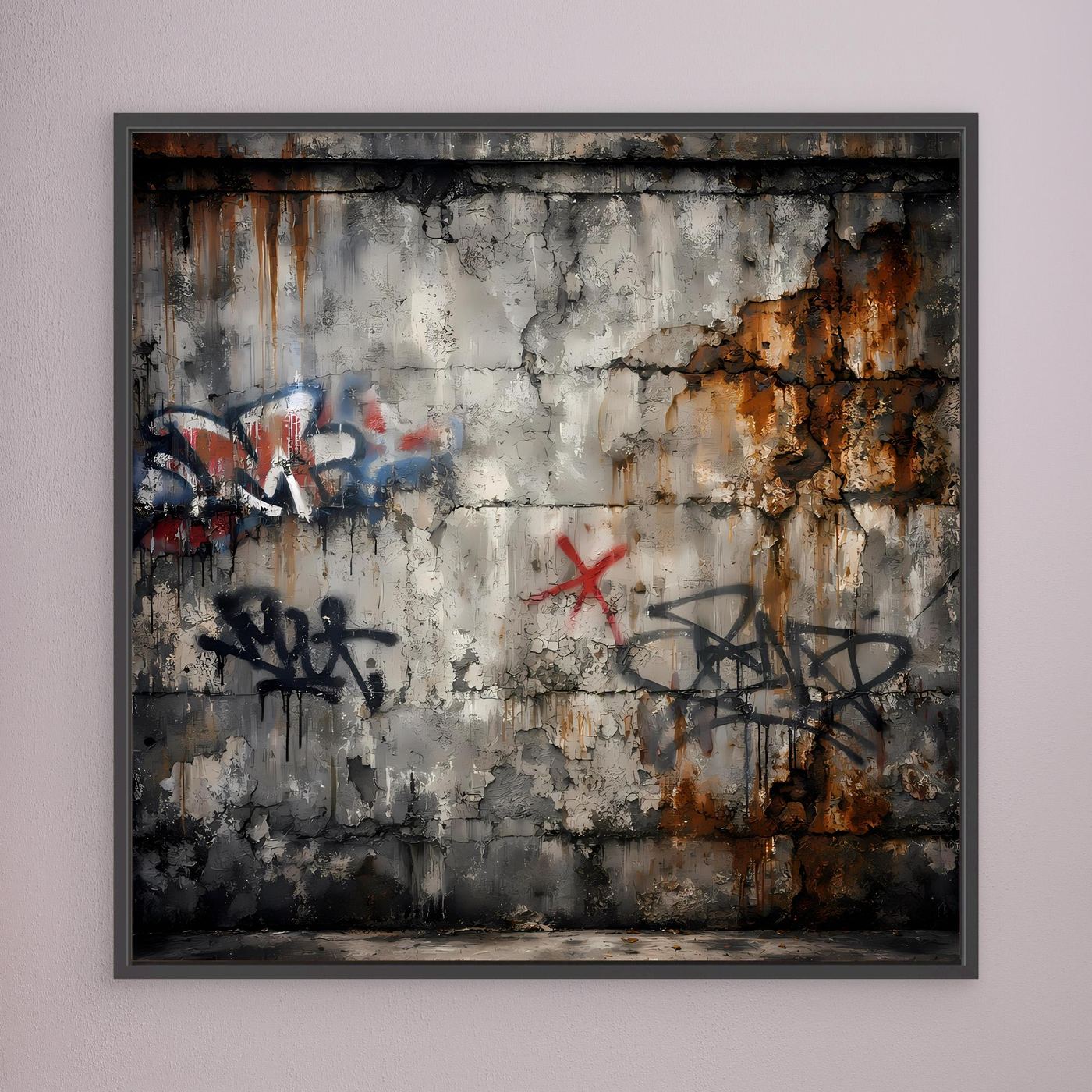 Leinwandbild mit Graffiti auf Betonwand, schwarzer Rahmen