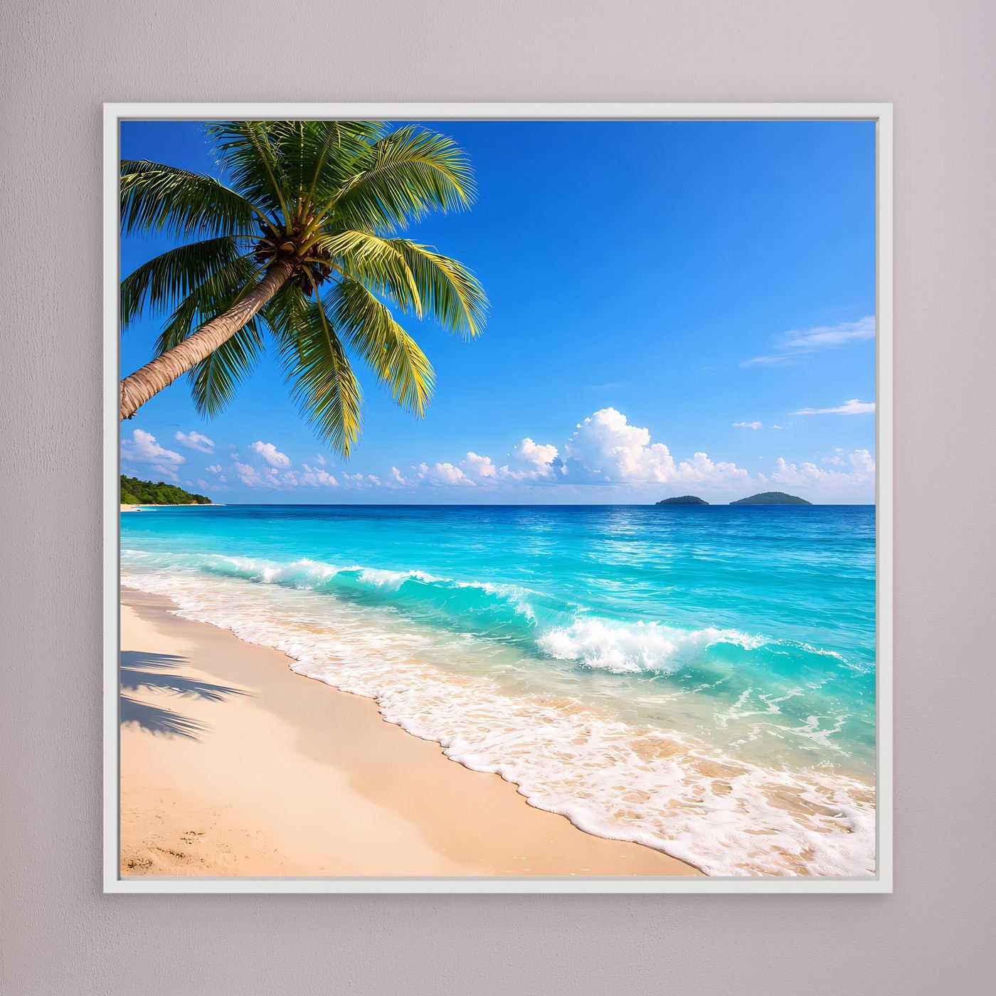 Gerahmtes Leinwandbild mit Strandwellen, Palme am Meer, weißer Rahmen