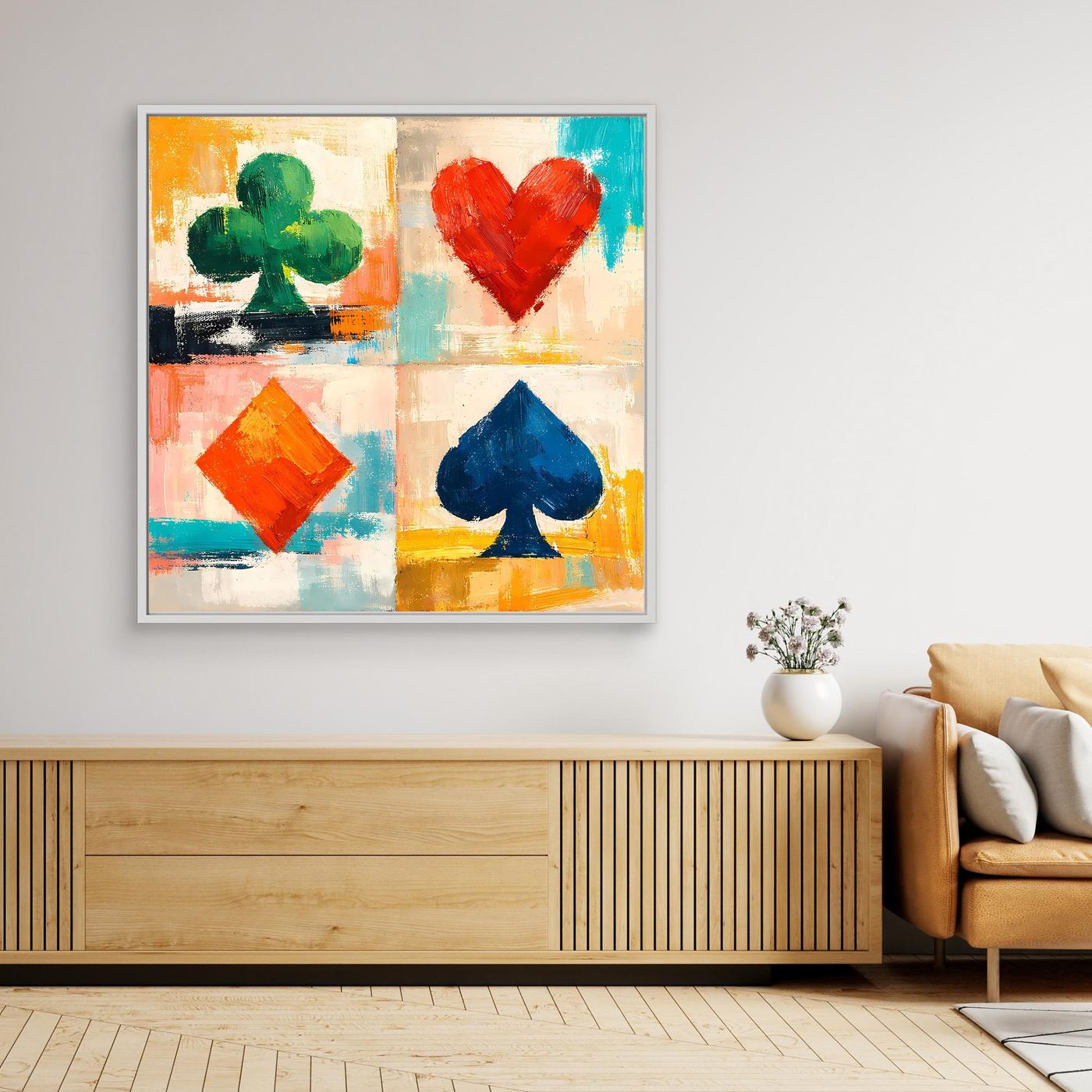 Gerahmtes Leinwand-Wandbild mit bunten Spielkartensymbolen: Herz, Pik, Kreuz und Diamond