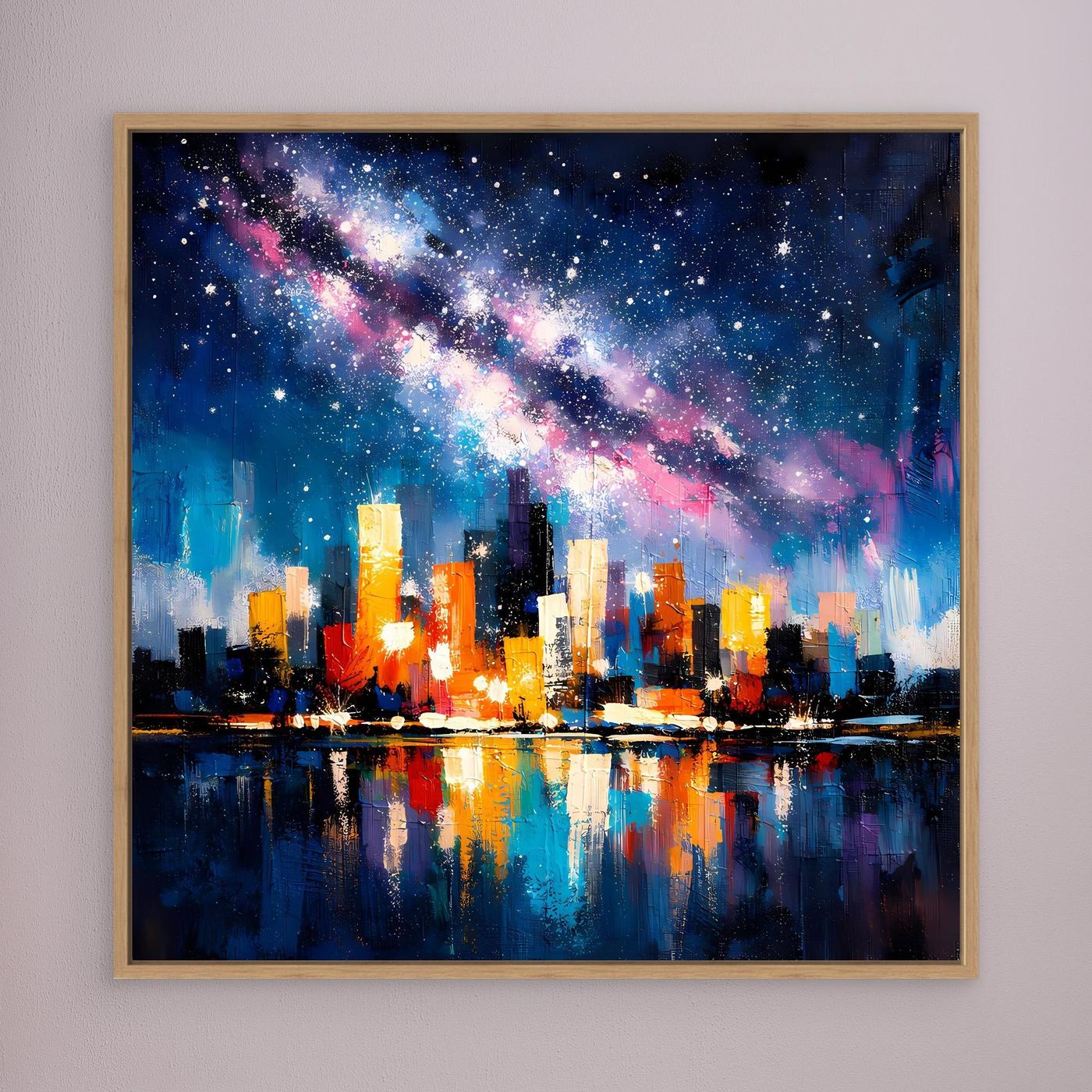 City skyline canvas wall art with Milky Way stars and reflections, oak frame