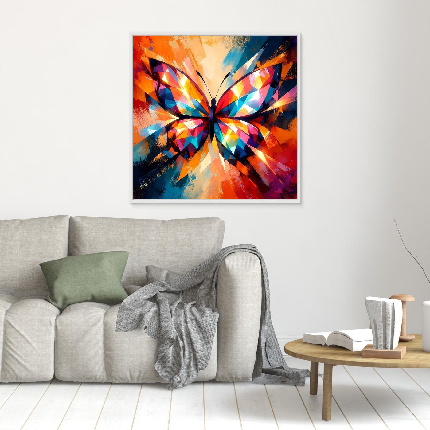 Wandbild mit buntem geometrischem Schmetterling, grauer Rahmen