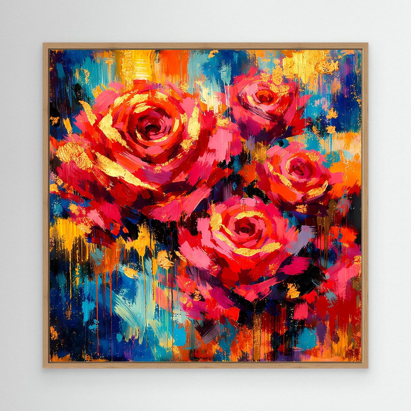 Abstraktes Rosen-Leinwandbild mit Holzrahmen, buntes Pinselstrichmotiv