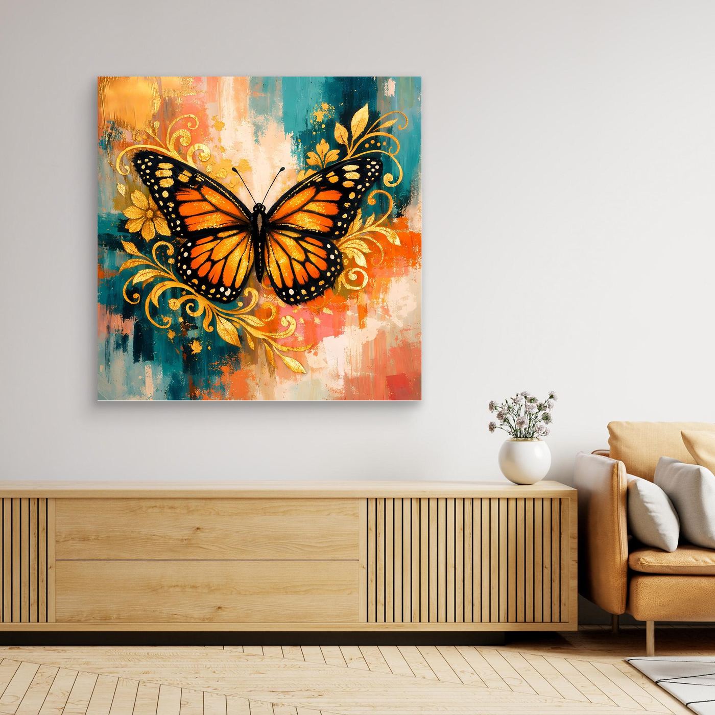 Leinwand-Wandbild mit Monarchfalter in Orange und Blau, goldene Ornamente