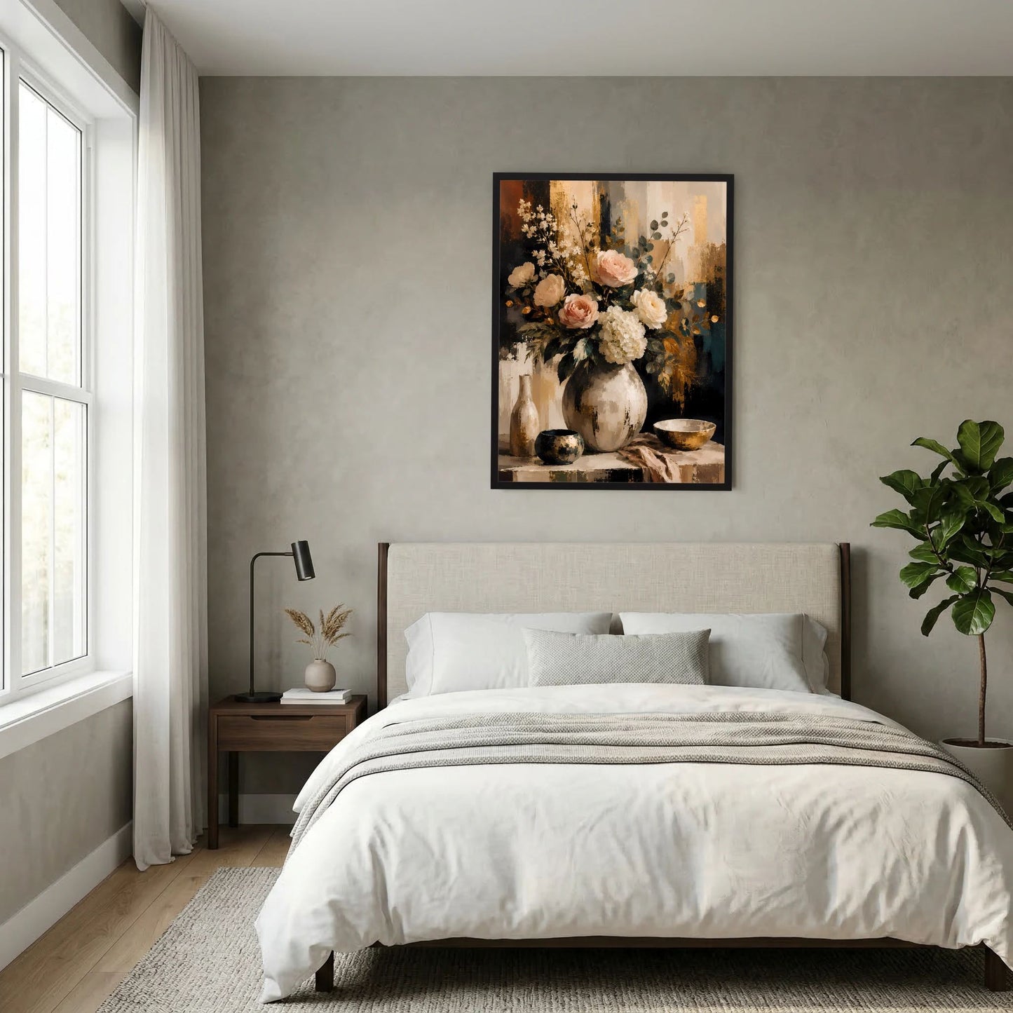 Blumenstillleben-Poster im Hochformat mit Blumen in Vase, im schwarzen Rahmen