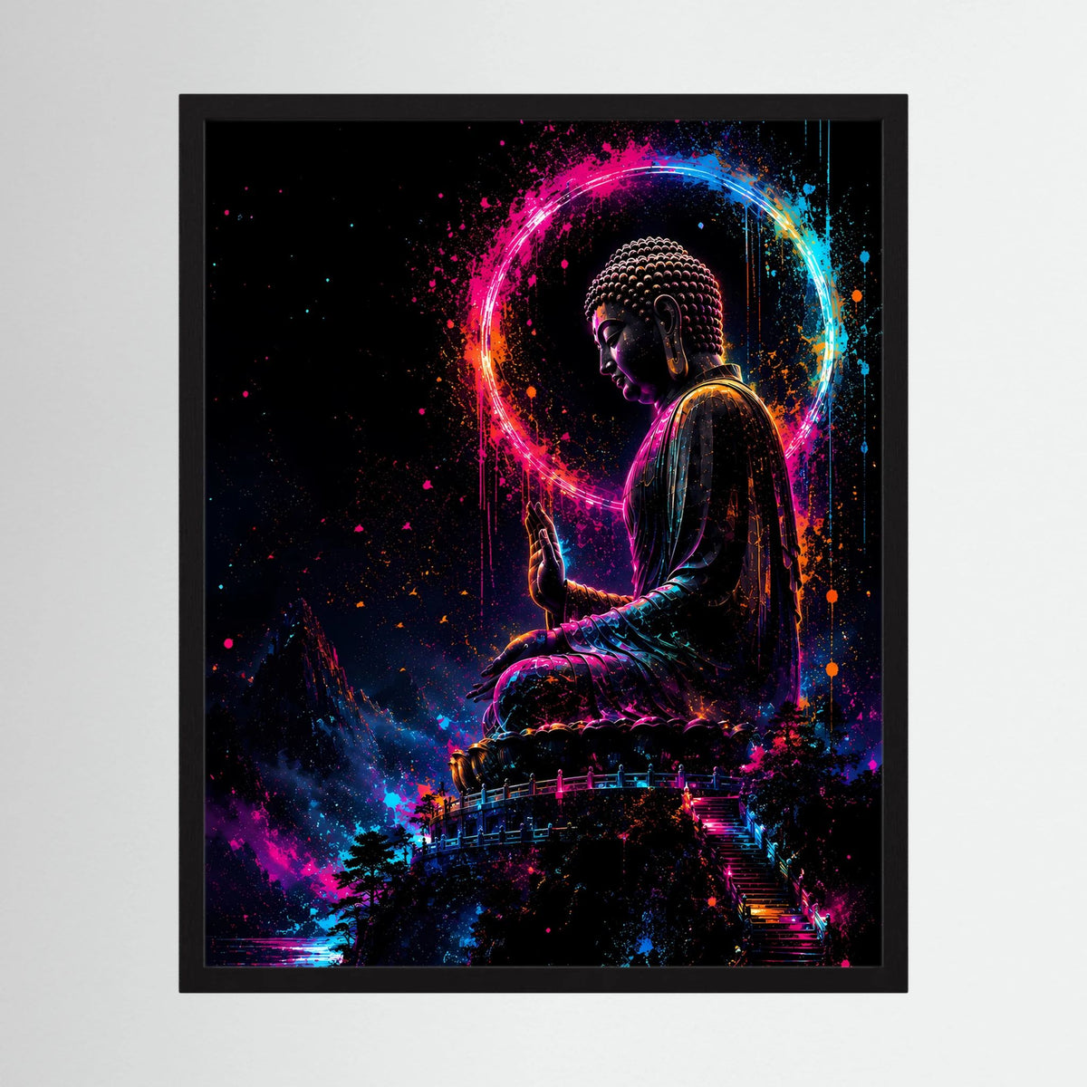 Kunstposter mit meditativen Buddha im Neonkreis, Farben Pink, Blau und Orange auf dunklem Hintergrund