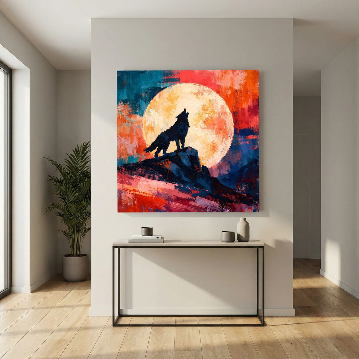 Leinwand Abstraktes Wolf Gemälde | Modernes Mystisches Wandbild Heulender Wolf Vollmond