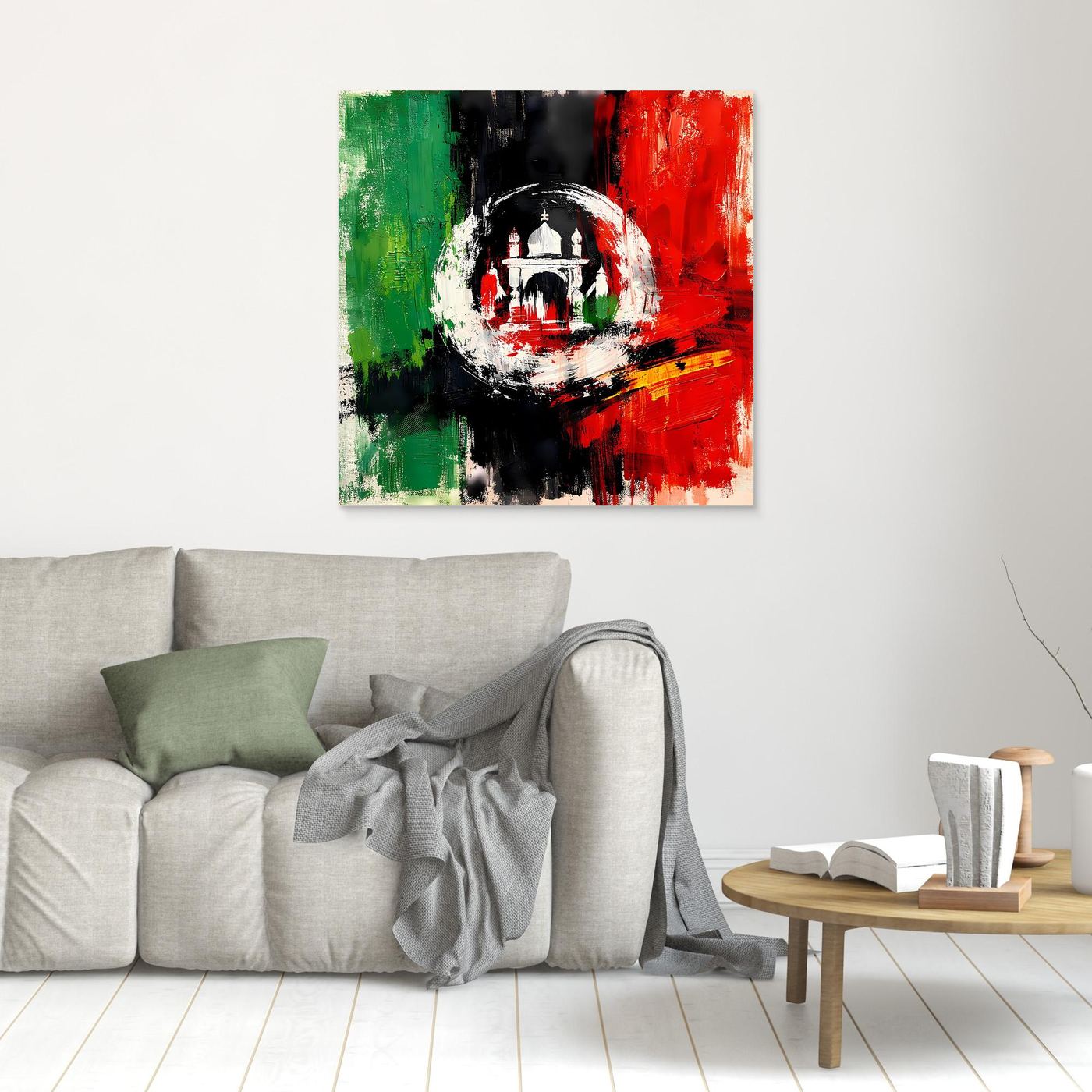 Small canvas wall art with abstract Afghanistan flag colors and central emblem circle