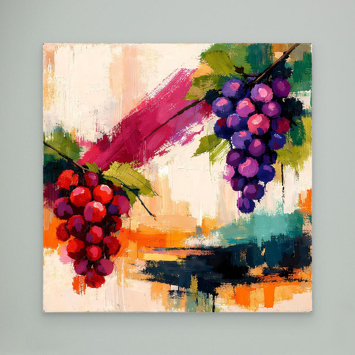 Abstract grape still life canvas wall art with red and purple grape clusters