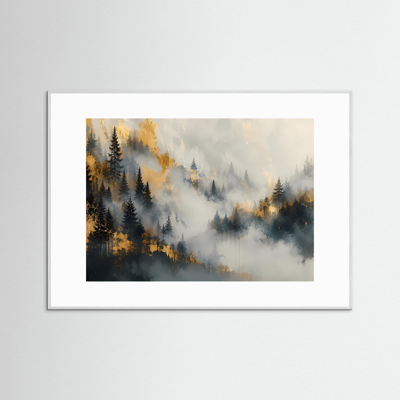 Nebelwald Poster | Mystischer Wald mit Gold | Abstrakte Landschaft Wandkunst | Elegantes Modernes Natur Wandbild