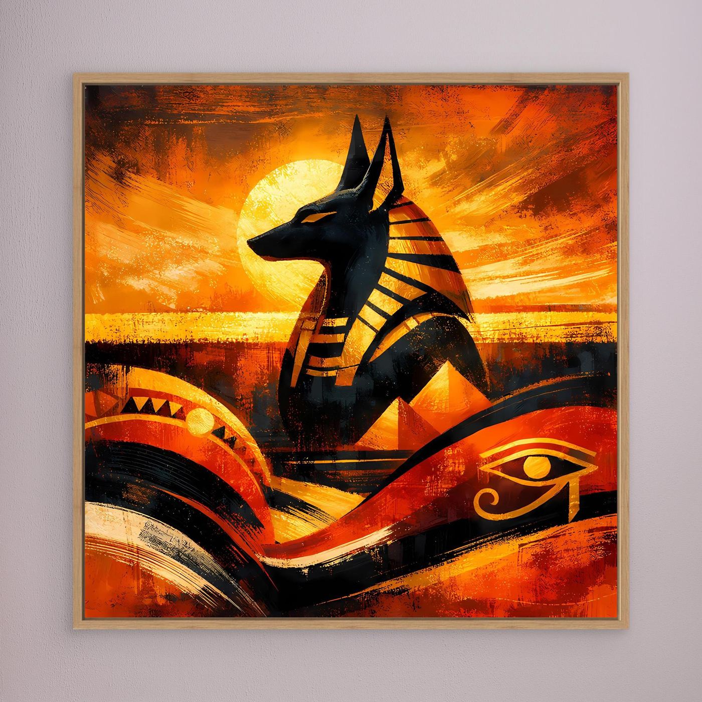 Wandbild Leinwand mit Anubis-Silhouette, orange-gelber Hintergrund, schwarze und goldene Hieroglyphen, Holzrahmen