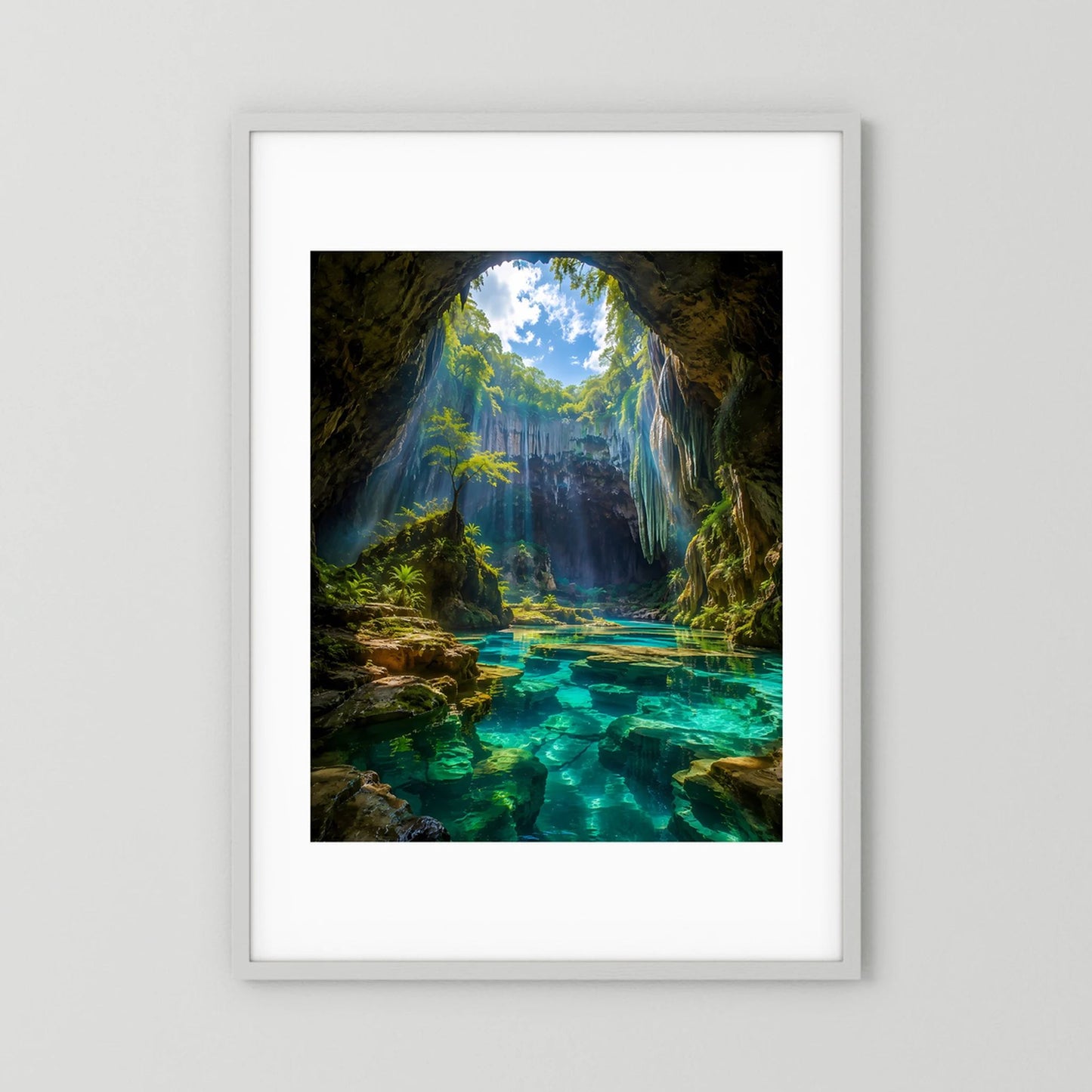 Verborgene Höhle mit türkisblauem Wasser | Mystische Natur-Oase im Sonnenlicht | Poster Hochformat