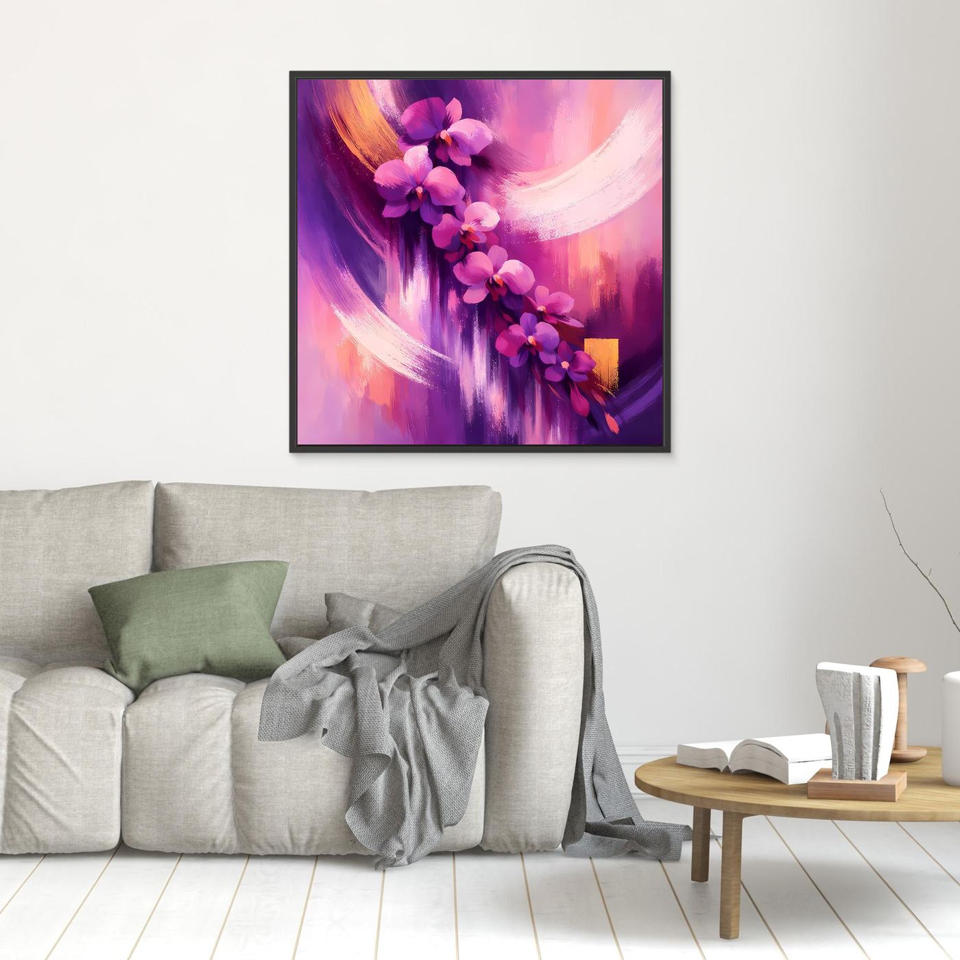 Leinwandbild mit abstrakten Orchideen, lila und pink, mit schwarzem Rahmen
