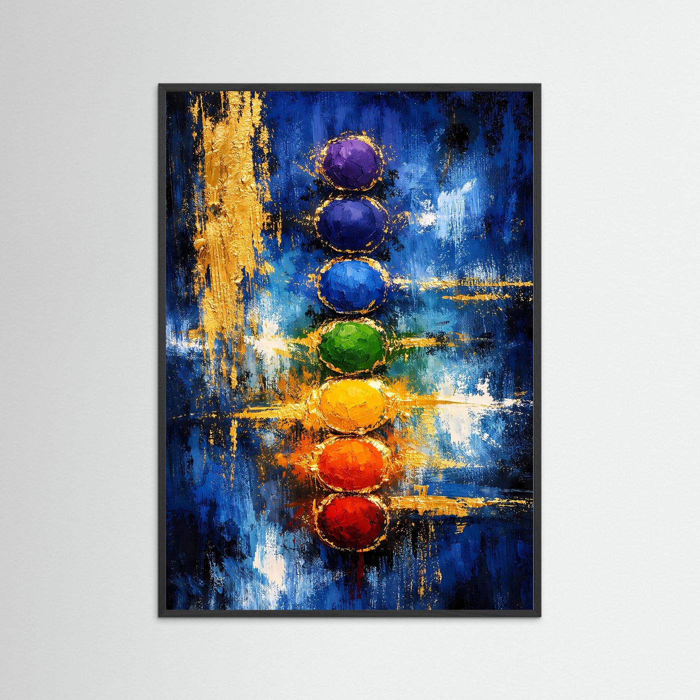Chakra-Kunstposter im schwarzen Rahmen, abstrakte Kreise in Blau und Regenbogenfarben