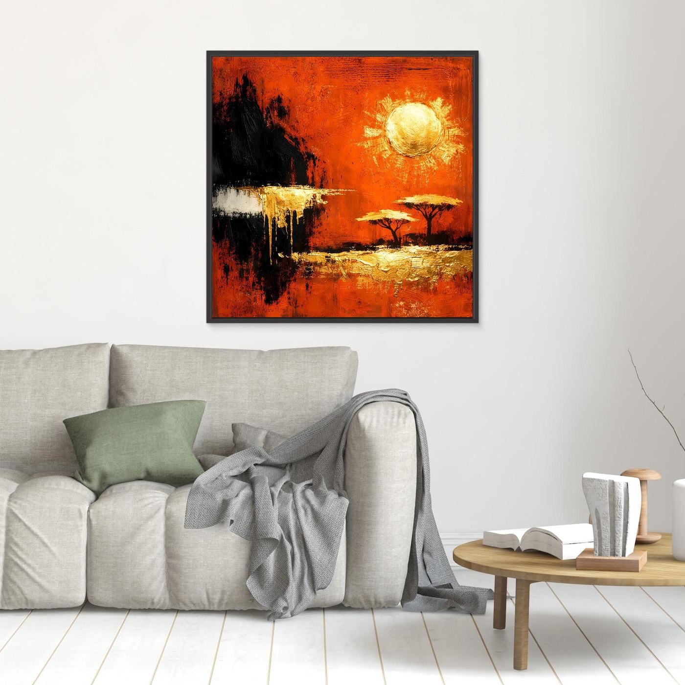 Leinwand Abstrakte Savanne bei Sonnenuntergang | Modernes Afrika Wandbild in Rot und Gold