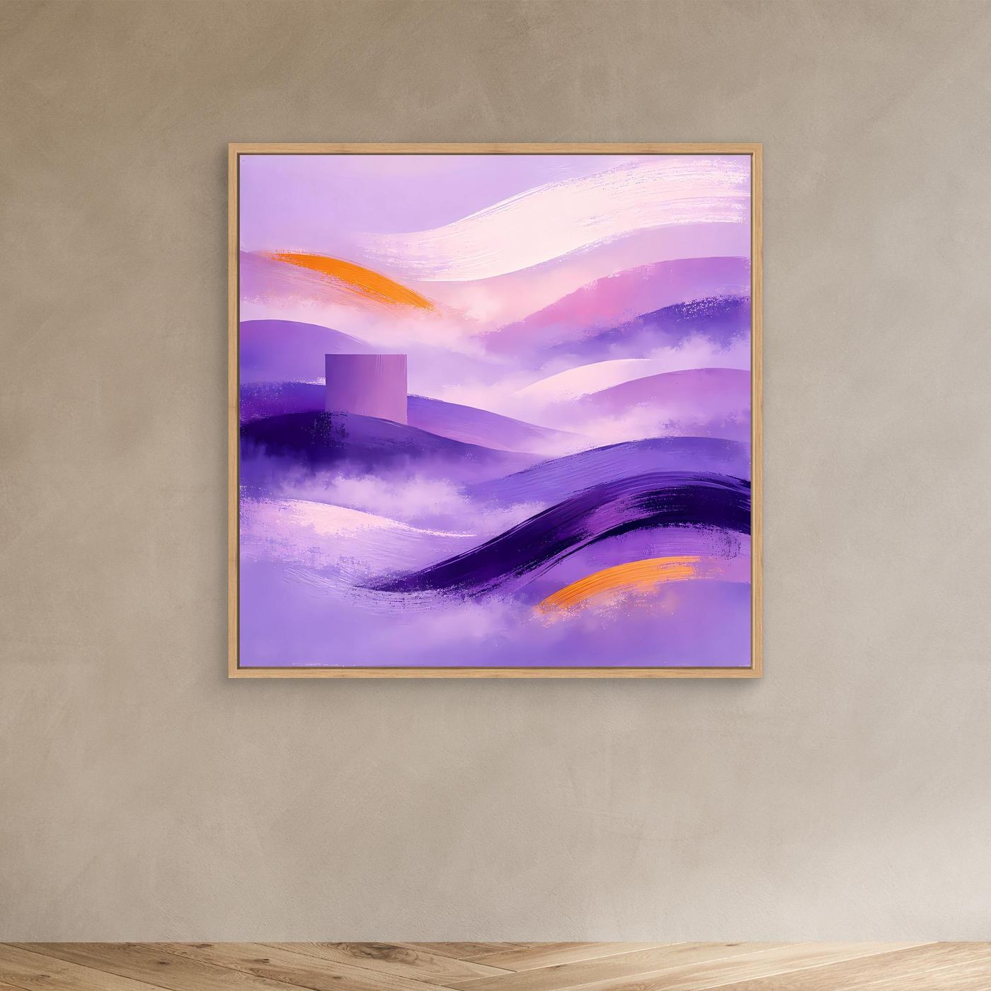 Abstraktes Leinwandbild mit Berglandschaft, Flieder/Violett-Farben, Eichenrahmen