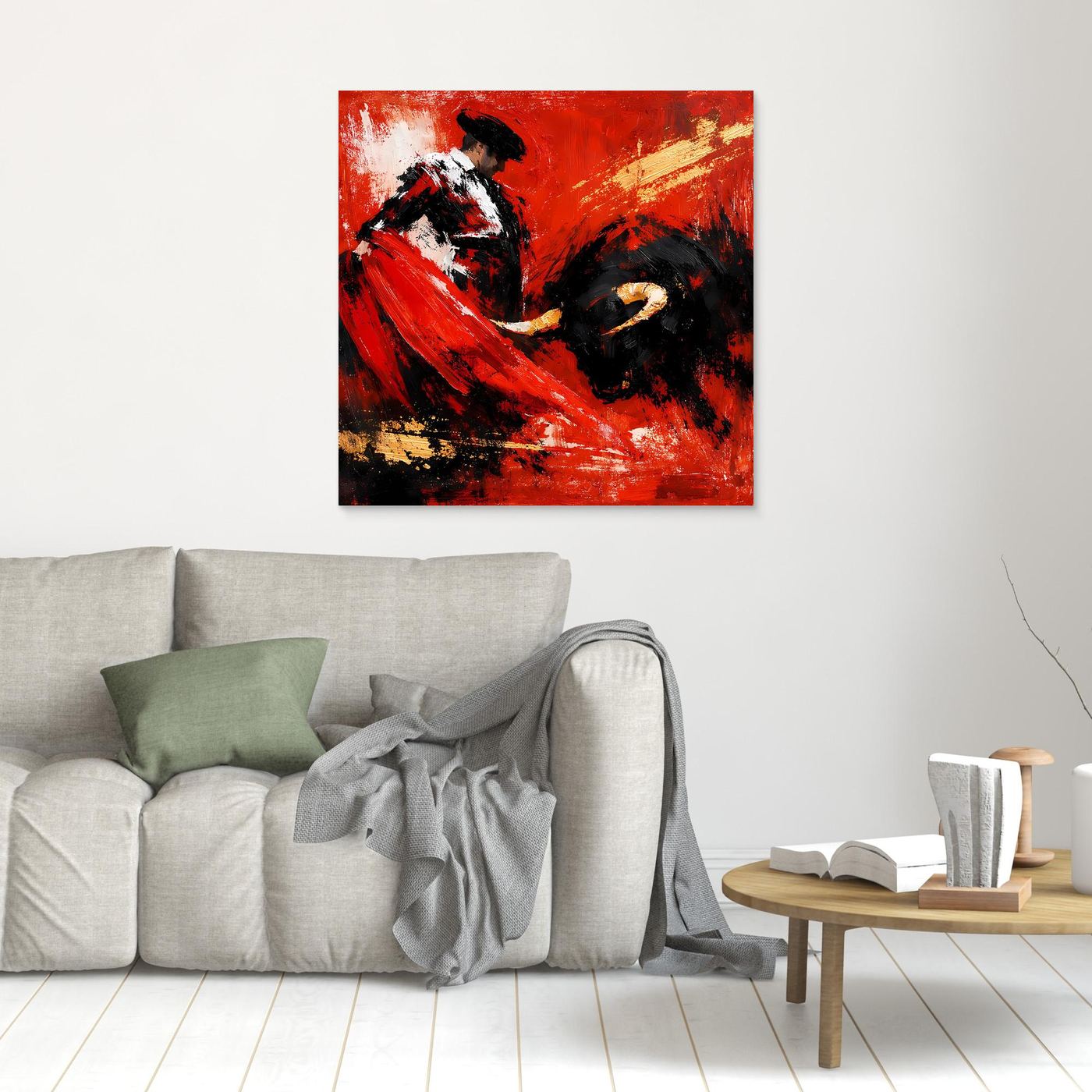 Wandbild: abstrakter Torero und Stier, rote Pinselstriche, schwarzer und goldener Akzent