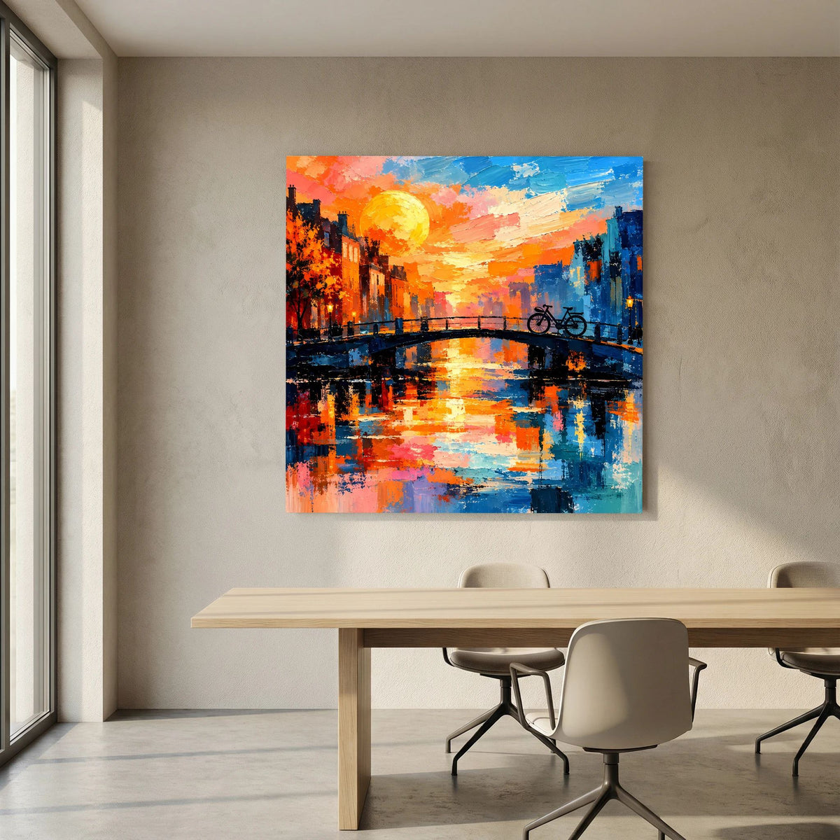 Leinwand Abstraktes Amsterdam Gemälde | Modernes Romantisches Grachten Wandbild mit Fahrrad