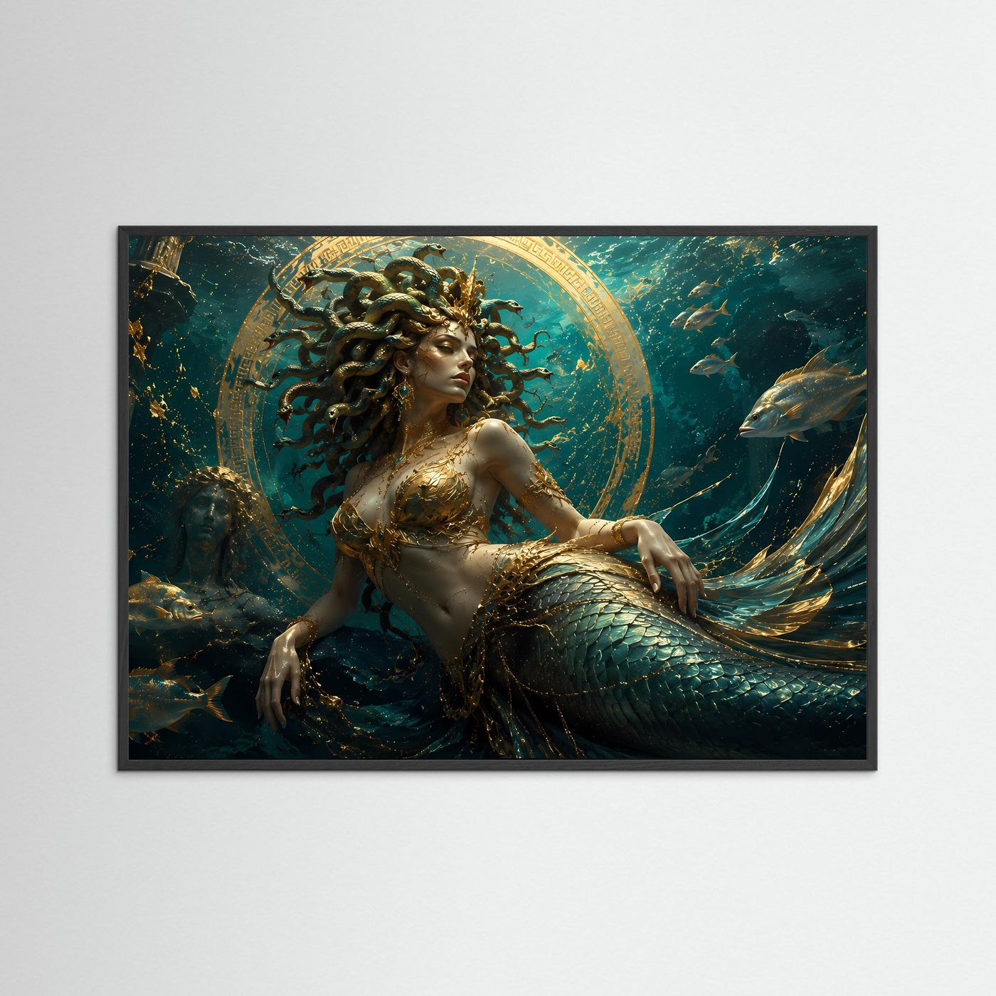 Medusa Unterwasser Poster Querformat | Mythologische Wandkunst in Gold & Türkis | Luxuriöses Fantasy Wandbild