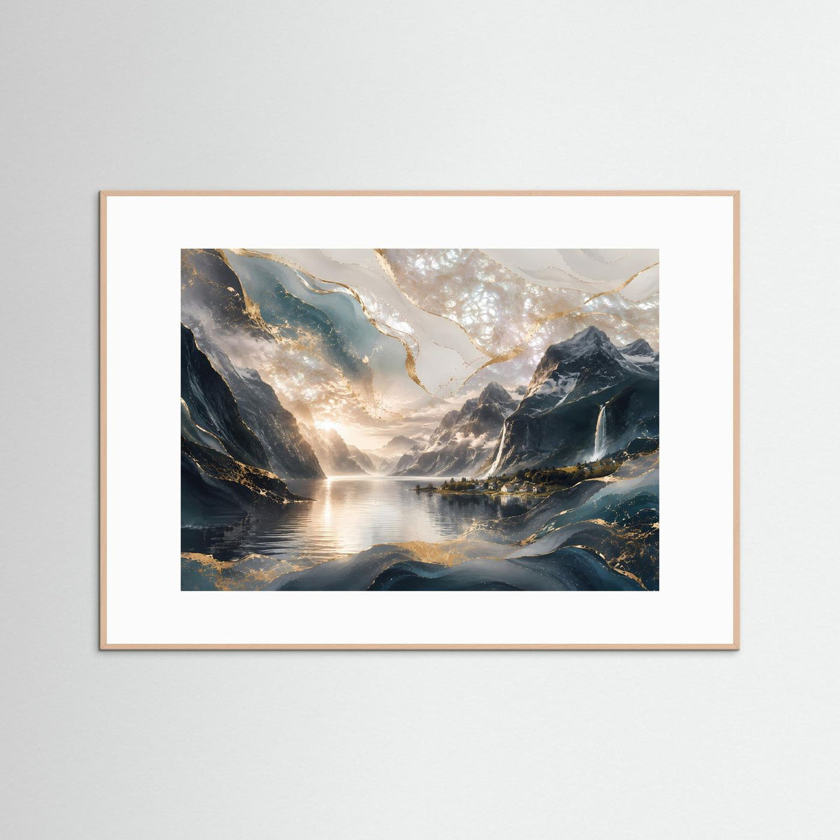 Gerahmtes Poster mit abstrakter Fjordlandschaft, Wasser und Berge, Eichenholzrahmen
