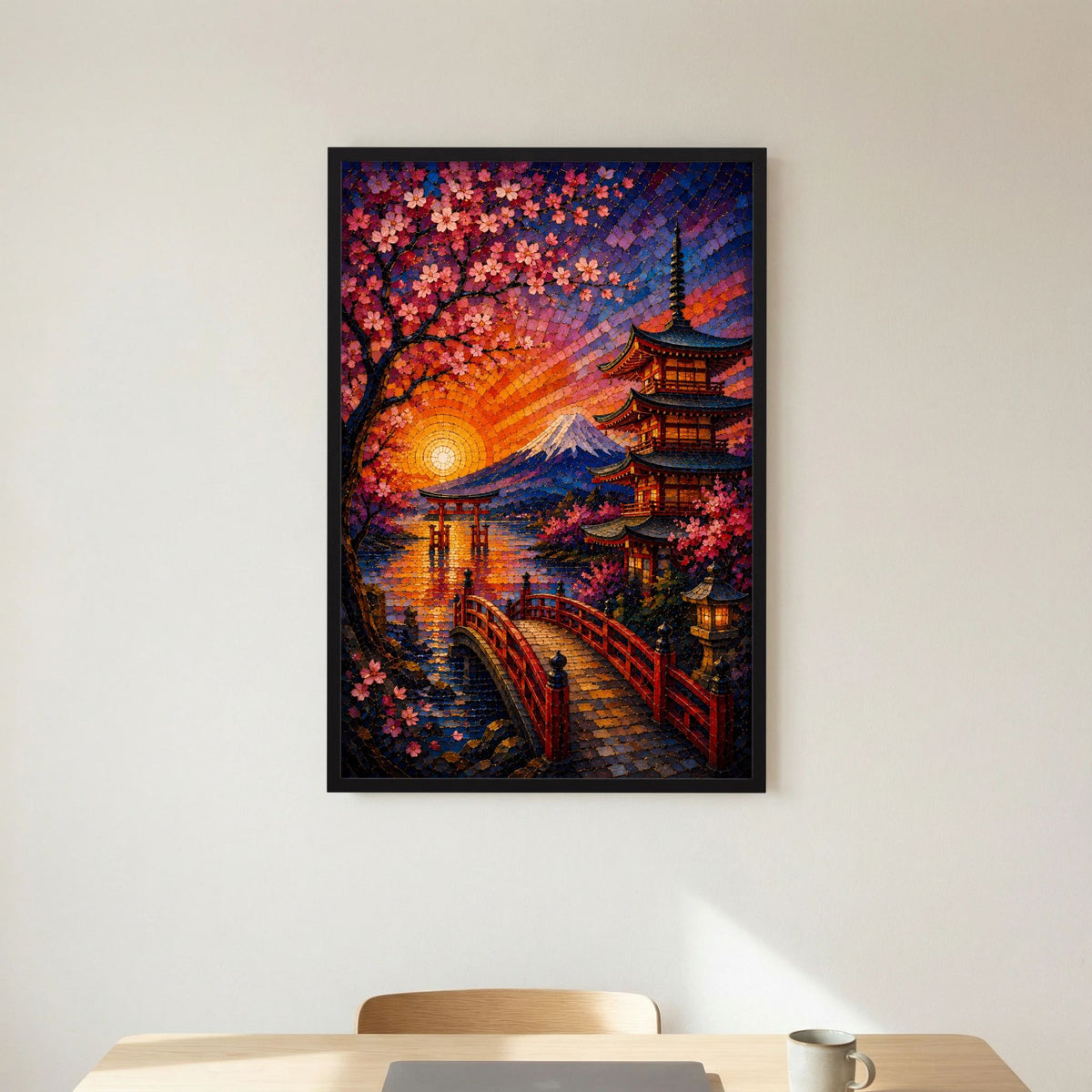Poster im Mosaikstil mit Kirschblüten, Pagode und Berg Fuji bei Sonnenuntergang, schwarzer Rahmen