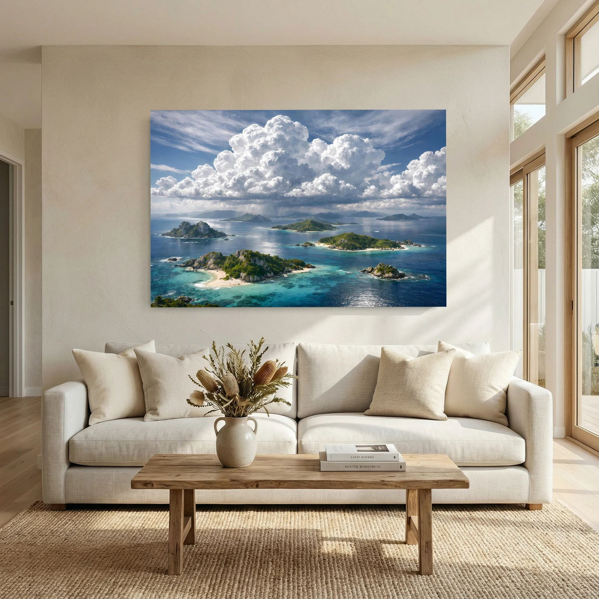 Wandbild: tropische Inseln und türkisblaues Meer unter großen weißen Wolken