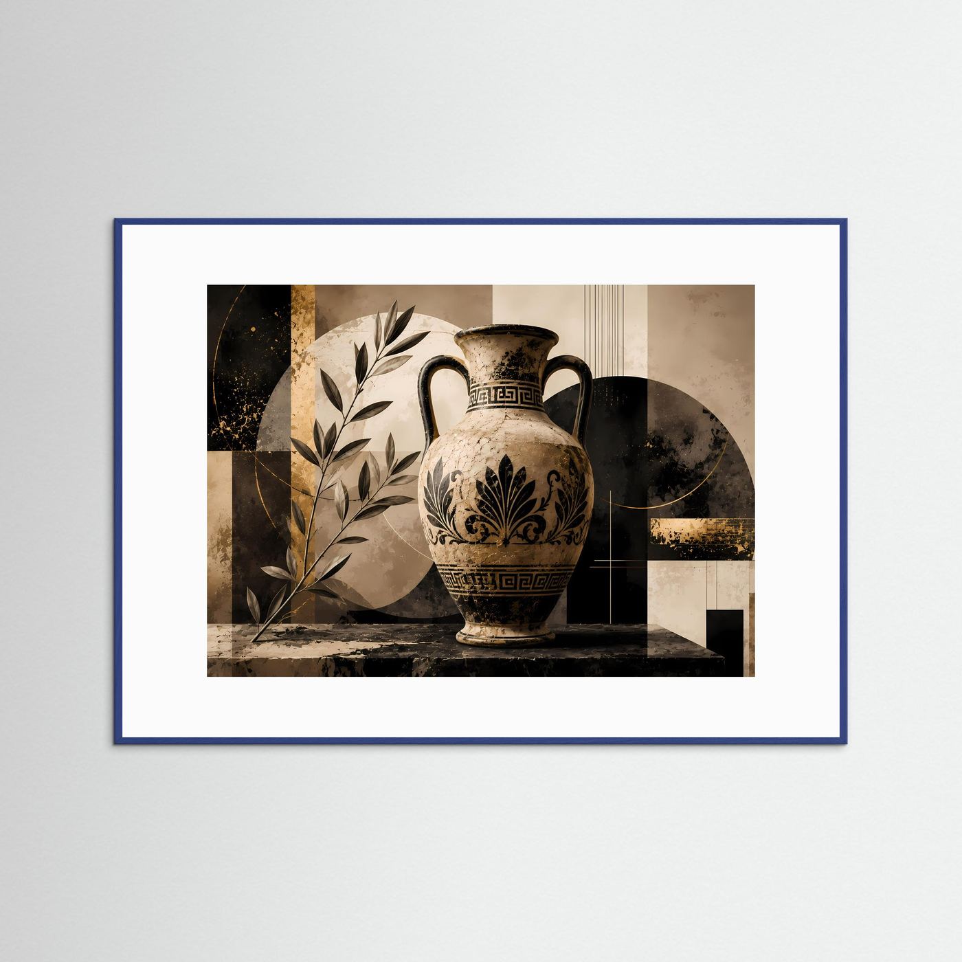Poster mit antiker Amphore und Olivenzweig, Beige-Schwarz-Gold, blauer Rahmen