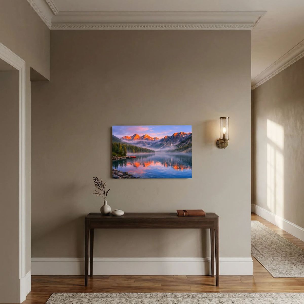 Querformatiges Wandbild mit Alpen- und See-Landschaft bei Sonnenuntergang, ohne Rahmen