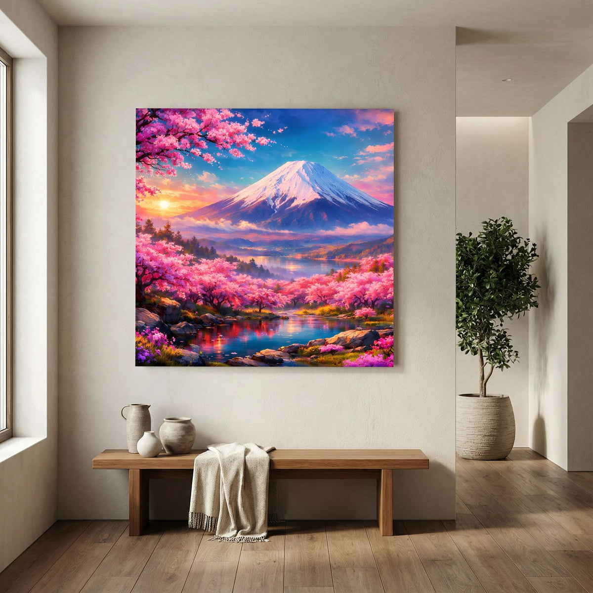 Quadratisches Leinwandbild auf Holzkeilrahmen mit Fuji, rosa Kirschblütenzweigen und ruhigem Wasser