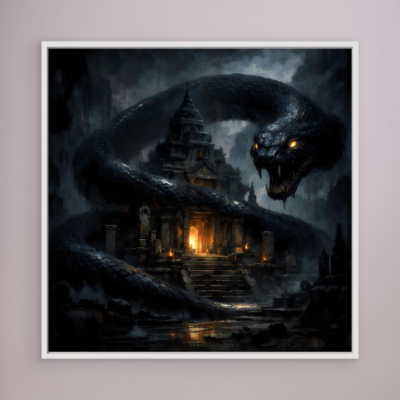 Leinwand Wächter des Tempels | Mystische Riesenschlange Fantasy Wandbild
