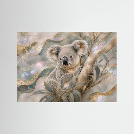Poster mit sitzendem Koala zwischen Eukalyptuszweigen, abstraktes Motiv mit schimmernden Akzenten