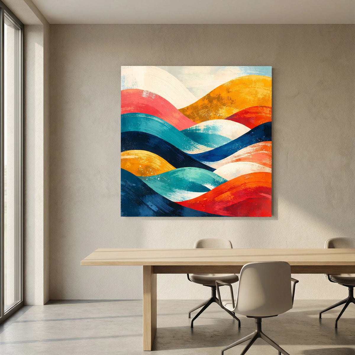 Abstraktes Wellenbild auf Holz-Keilrahmen, orange und blaue Wellen über roten Farbschichten.