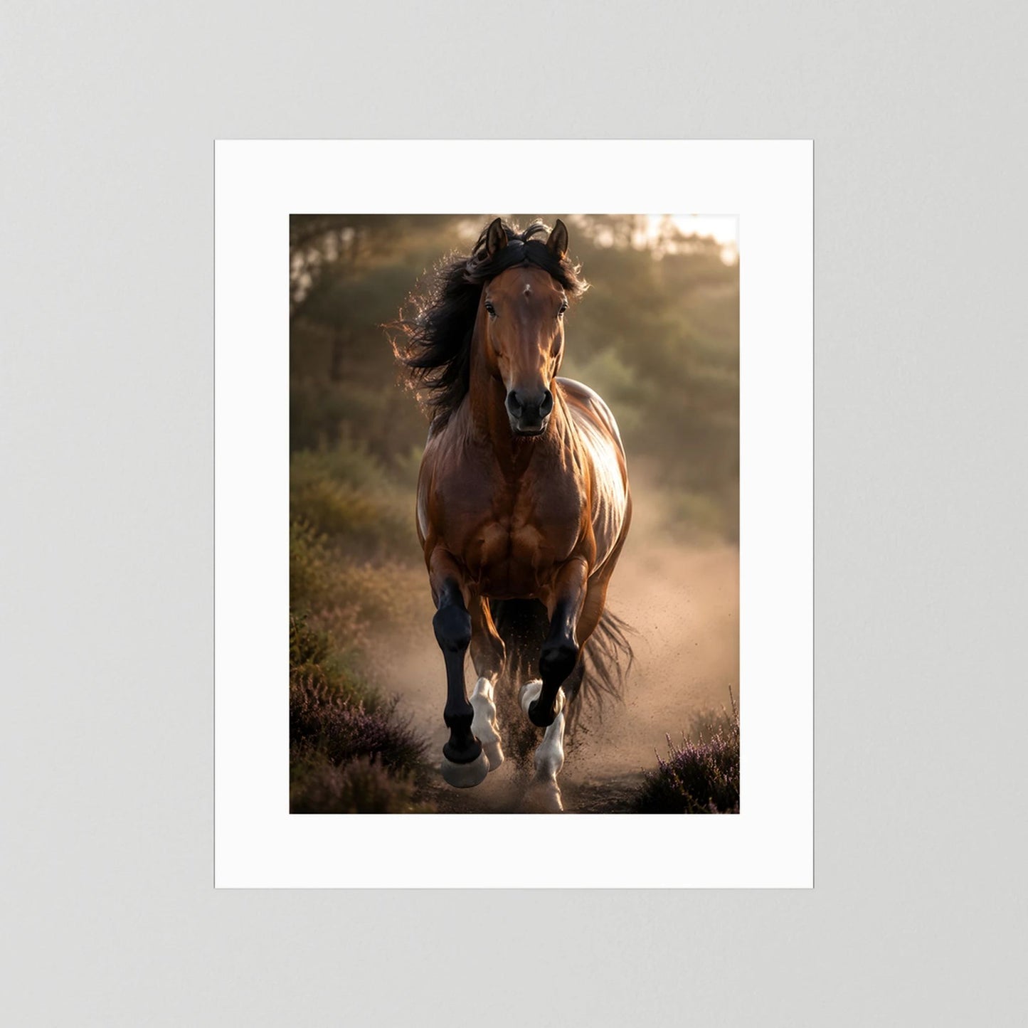 Hochformatiges Kunstposter: brauner Hengst im Galopp, weißer Rand