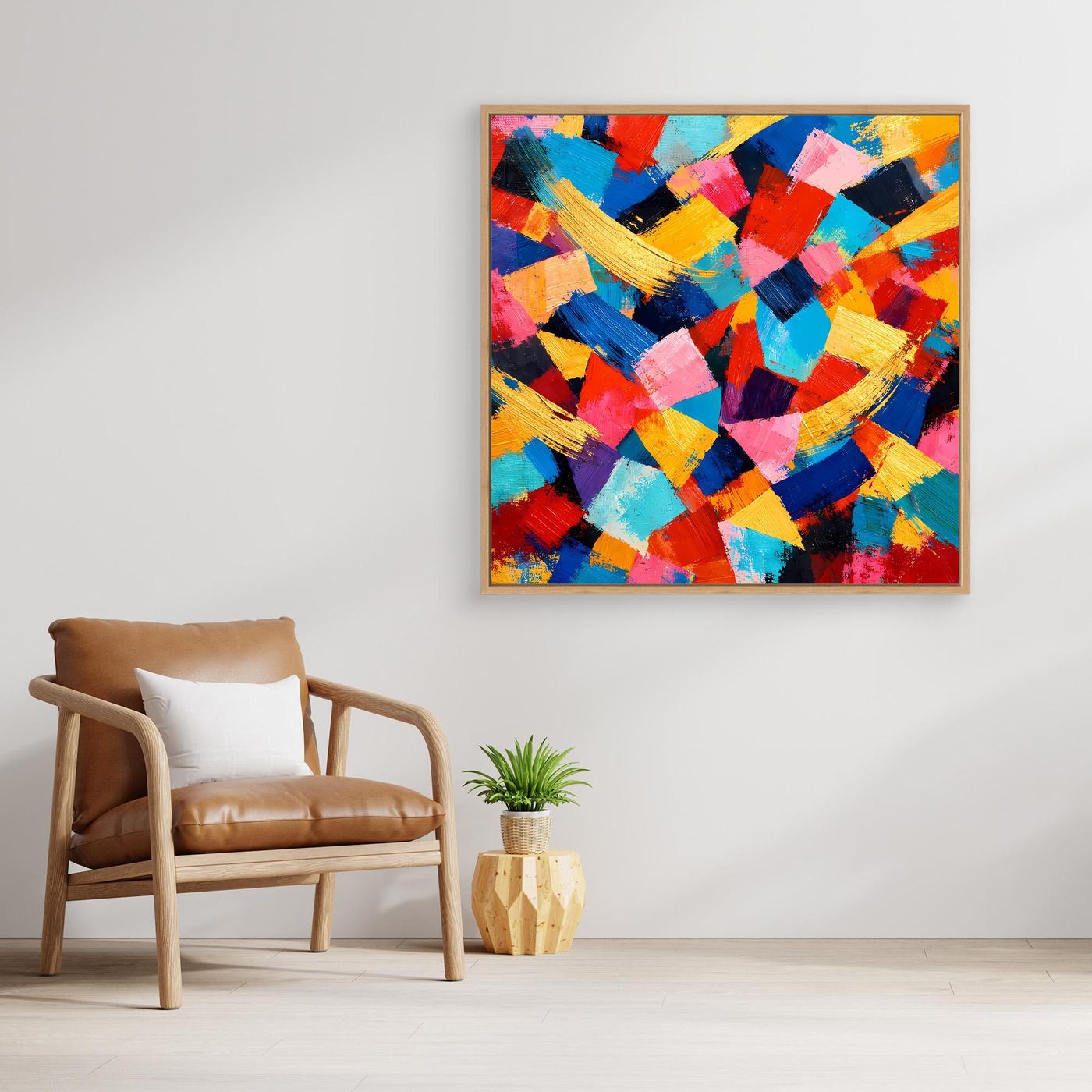 Quadratisches Leinwandbild: abstrakte Pinselstriche in Blau, Rot, Gelb und Türkis, gold gerahmt