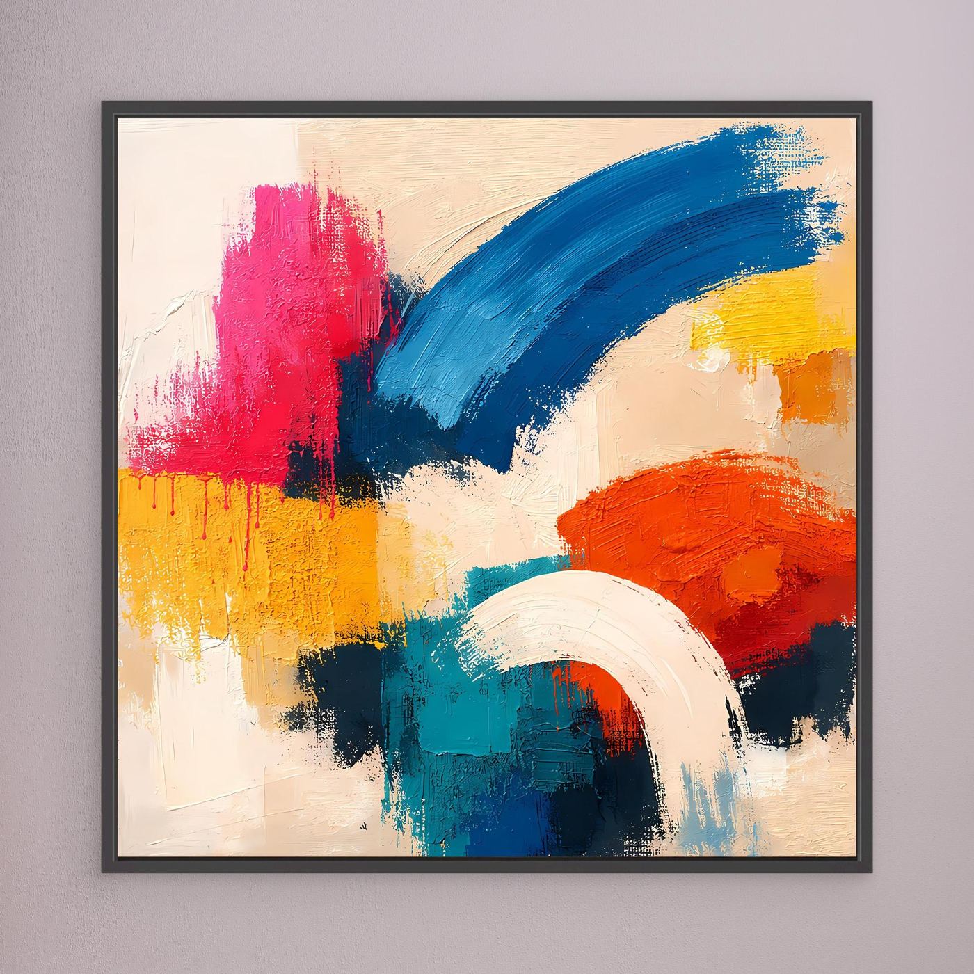 Abstract canvas painting with blue, pink, red, yellow, and white brushstrokes; black frame.