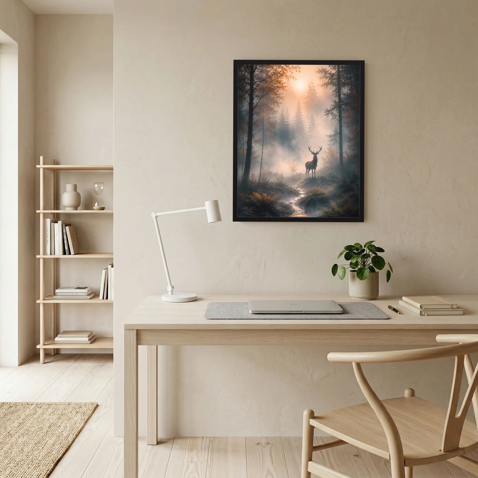 Hochformatiges Kunstposter mit Hirsch im nebligen Wald, über Schreibtisch