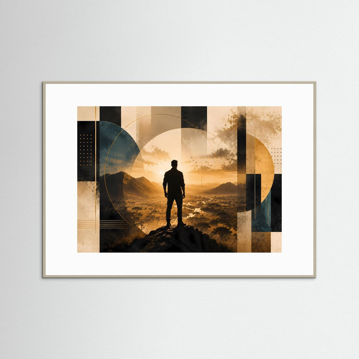 Gerahmtes Querformat-Poster mit Mann-Silhouette in gold-schwarzer Berglandschaft