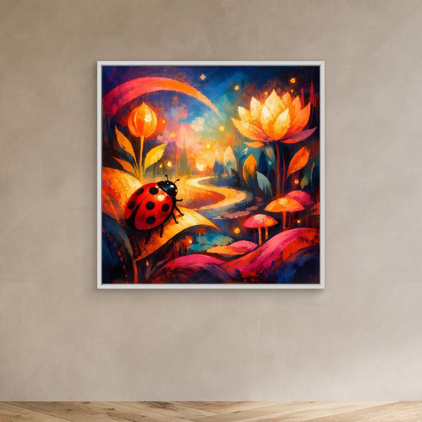 Leinwand-Wandbild mit Marienkäfer auf buntem Pfad und leuchtenden Blüten im weißen Rahmen