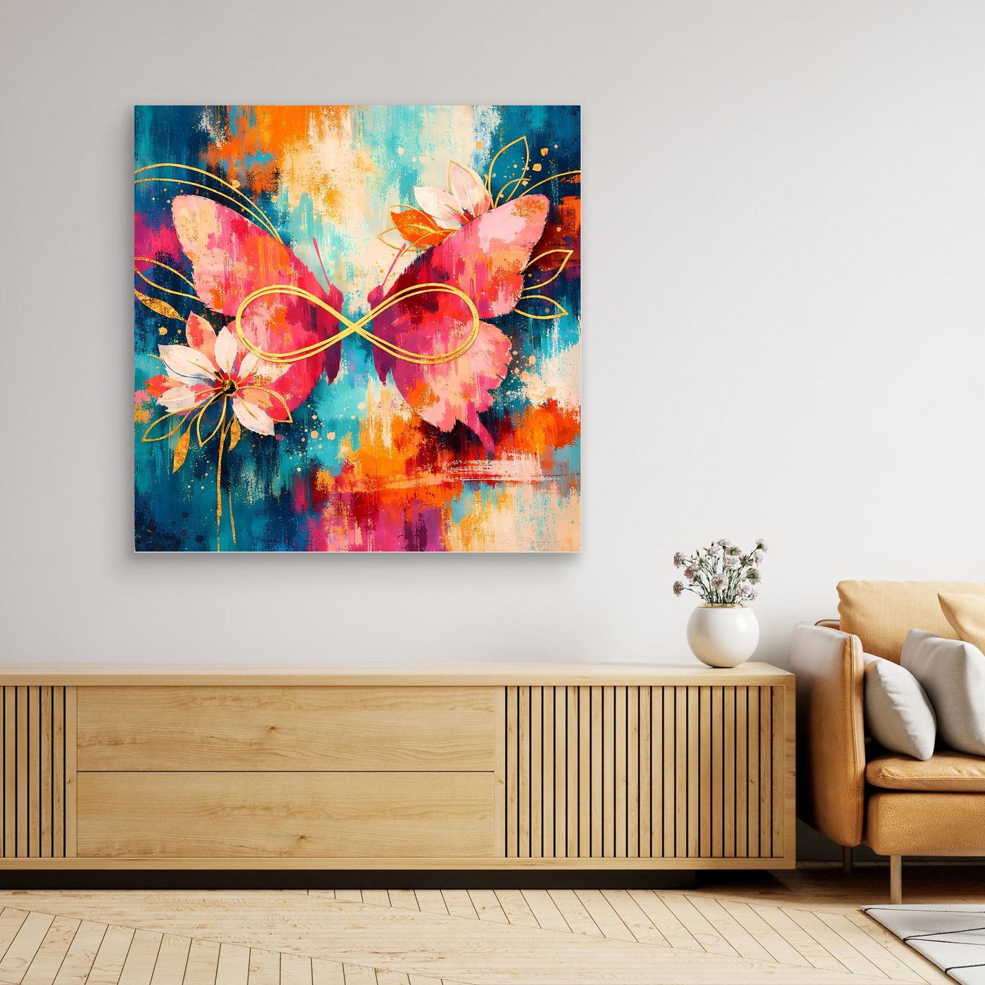 Quadratisches Leinwandbild: Schmetterlinge mit Unendlichkeitsschleife, Blüten in Blau und Orange