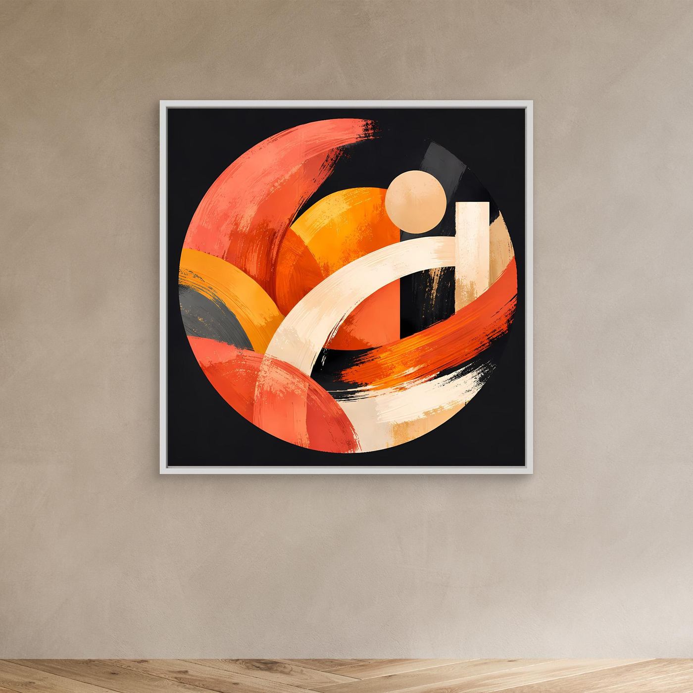 Leinwandbild mit geometrischem Kreis aus Pinselstrichen in Orange, Beige und Weiß, weißer Rahmen