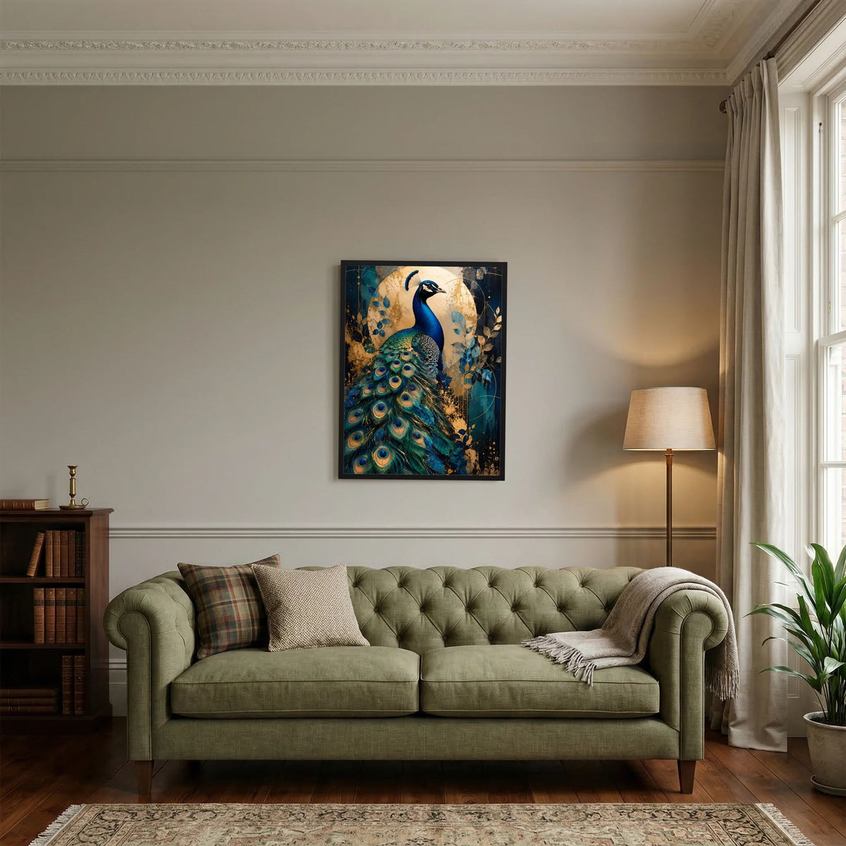 Gerahmtes Hochformat-Poster: blauer Pfau mit goldenen Akzenten und Pfauenfedern.