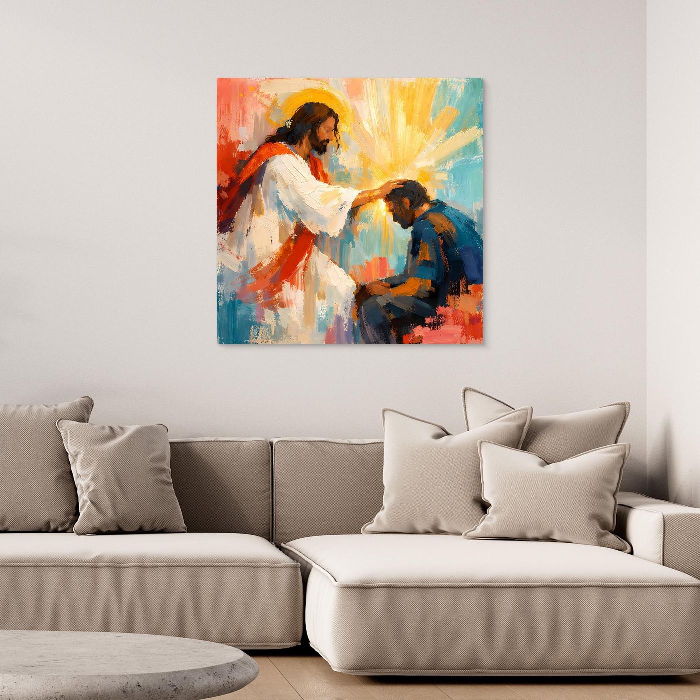 Christian canvas wall art of Jesus blessing a praying man, no frame
